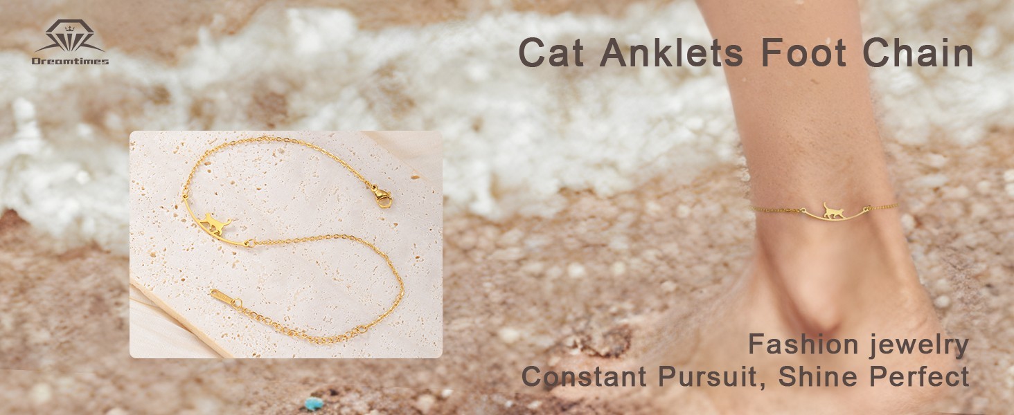 Adjustable Cat Foot Chain Anklet for Women Gold Tone Animal Charm Beach