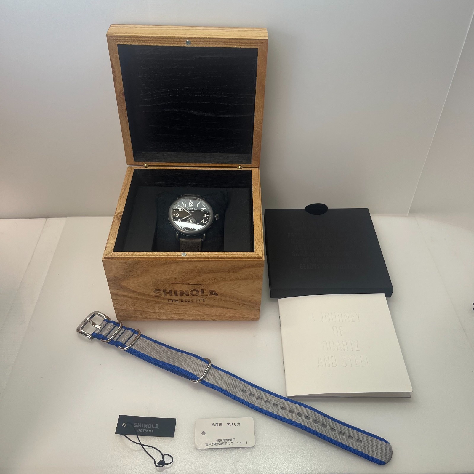 SHINOLA Argonite-1069 Black Quartz Watch USA MADE 41mm w/Box, Paper & Strap#886A