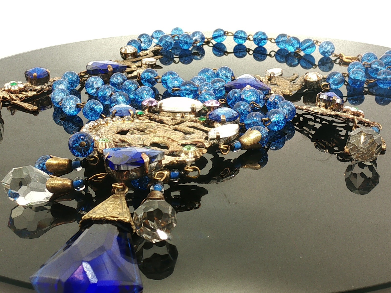 Vintage Czech Glass Necklace Blue Beads Multi Strand Dragon Motif Statement