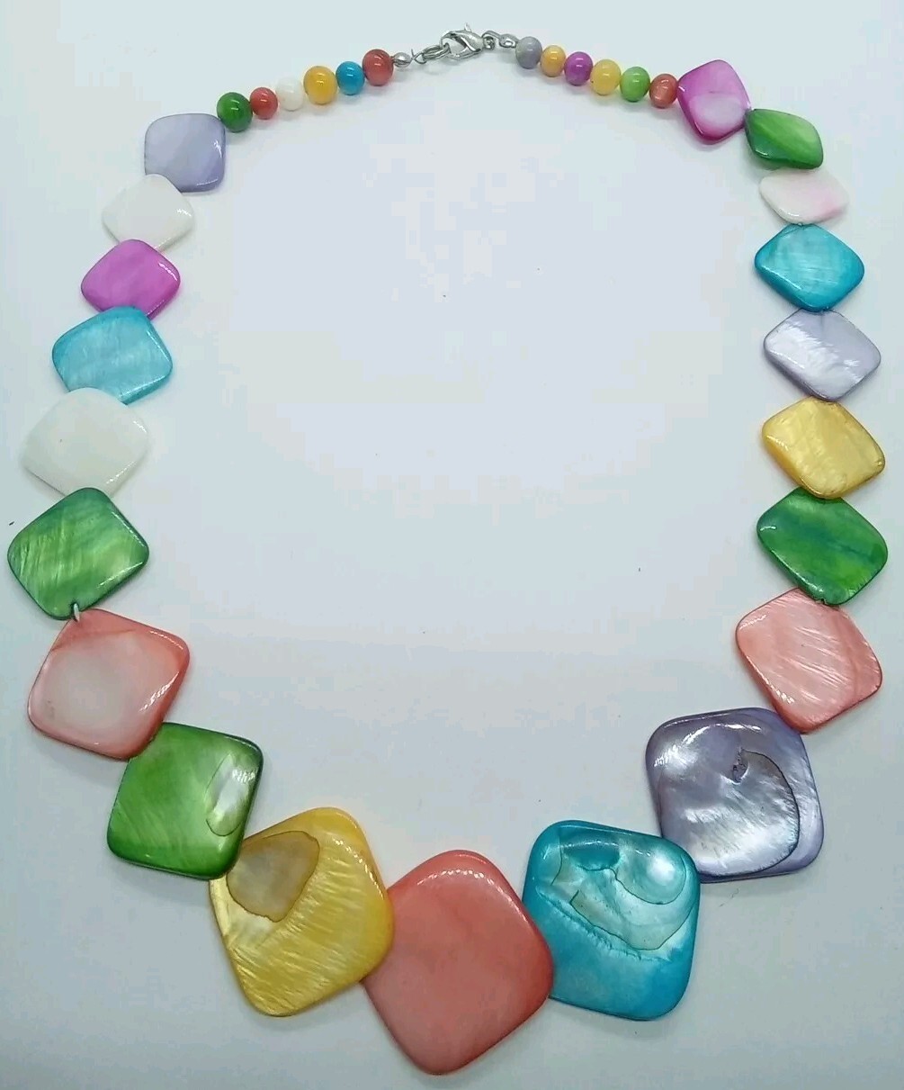 Vintage Colorful Rainbow Square Shell & Round Bead Necklace 29 1/2″ #86