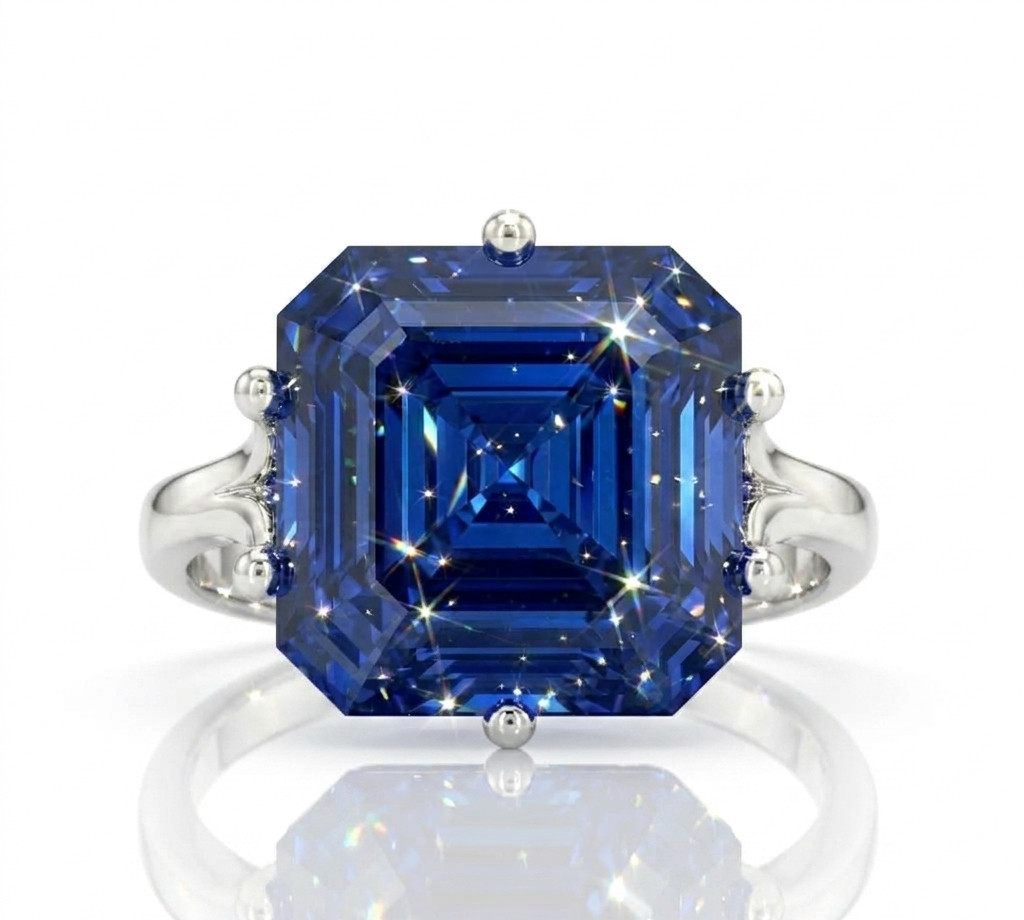 5.00 Ct Certified Asscher Shape Blue Natural Diamond Ring VVS1 White Gold Finish