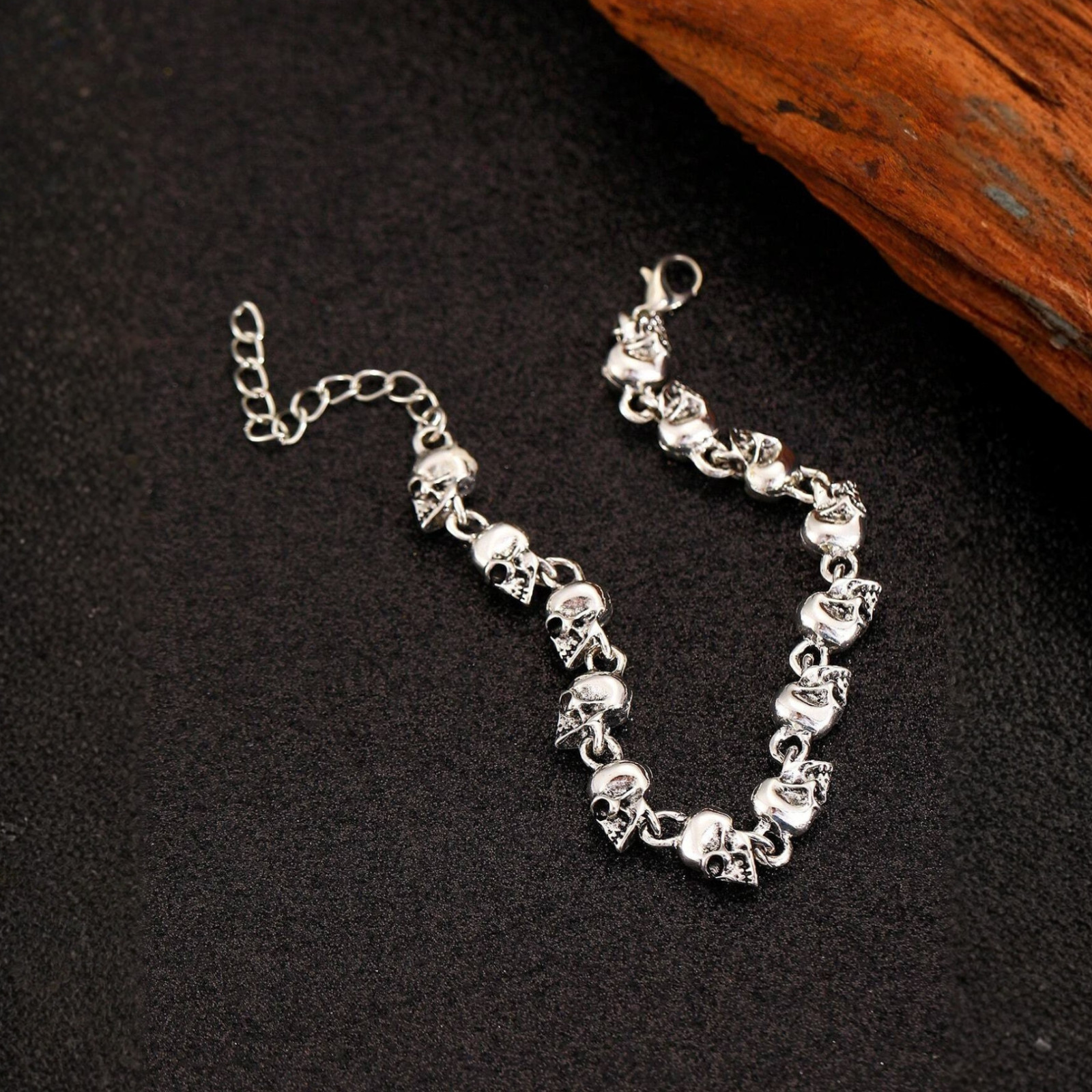 Skull Chain Bracelet Gothic Punk Antique Silver Halloween Jewelry For Women Men