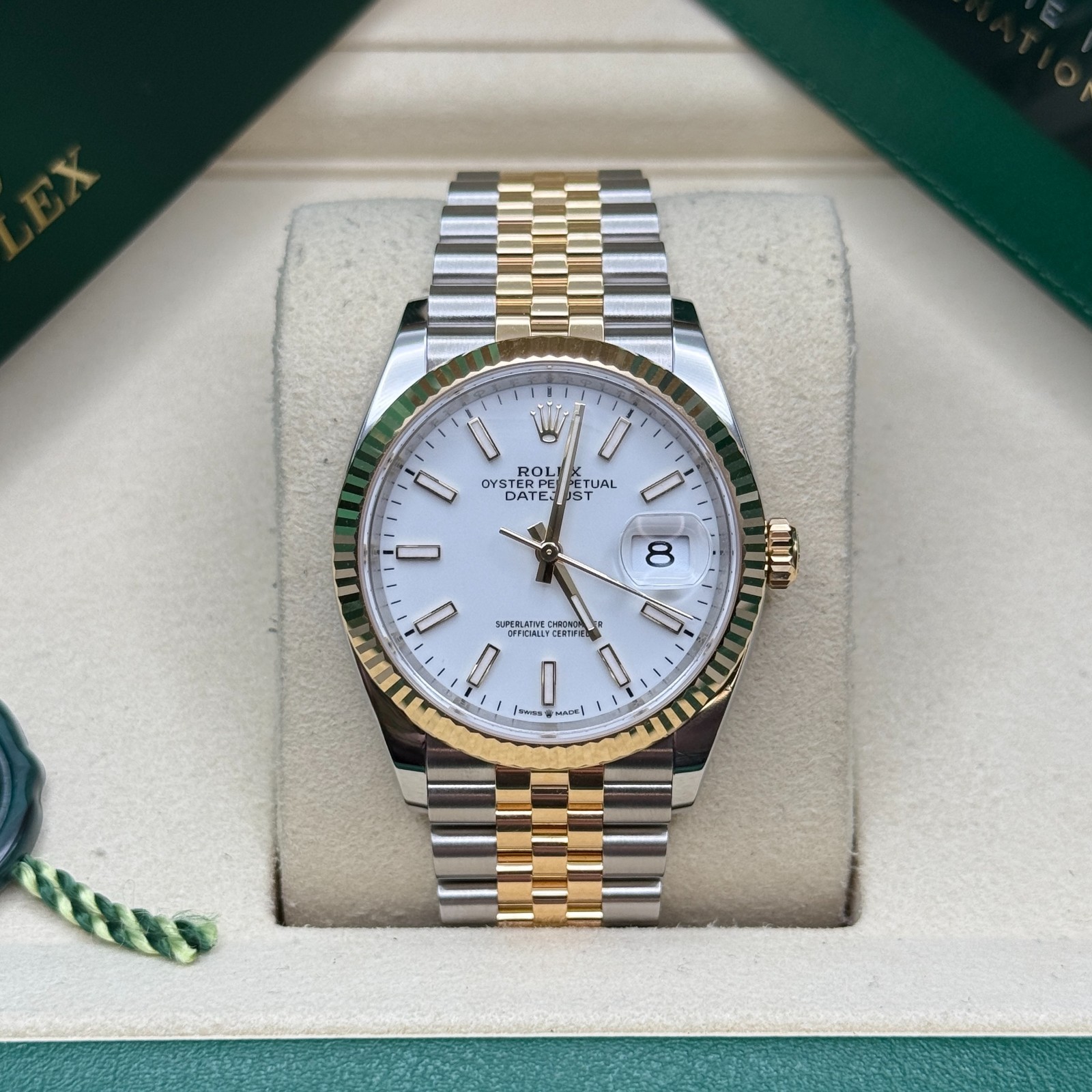 Rolex Datejust 36 White Index Dial Two Tone Yellow Gold Fluted Jubilee Bracelet