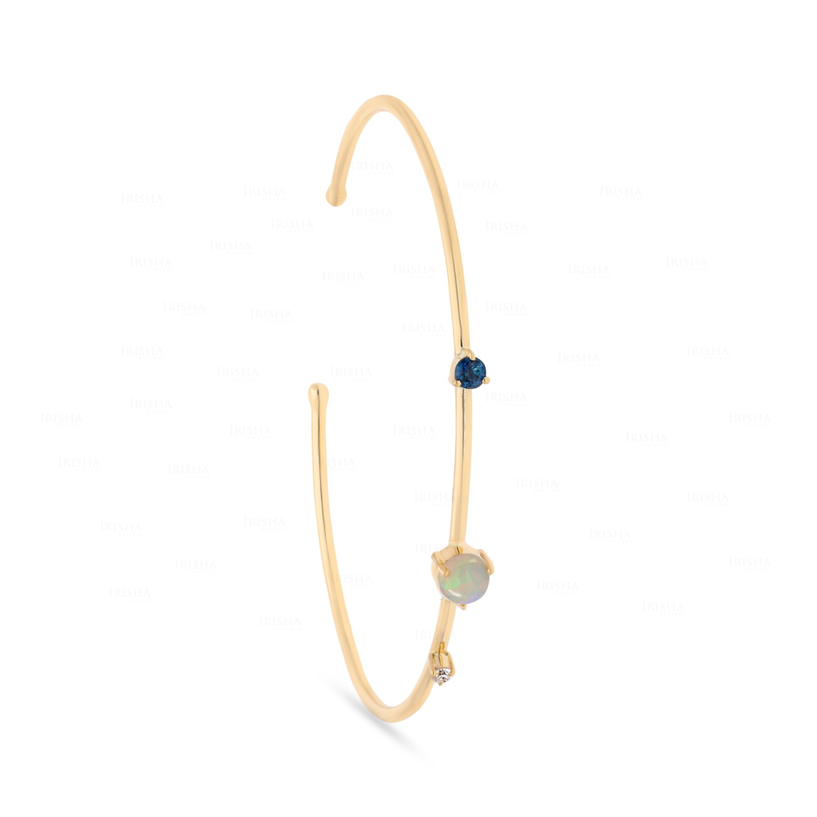 14K Gold Diamond & Blue Sapphire Open Cuff Bracelet, Customizable Center Stone