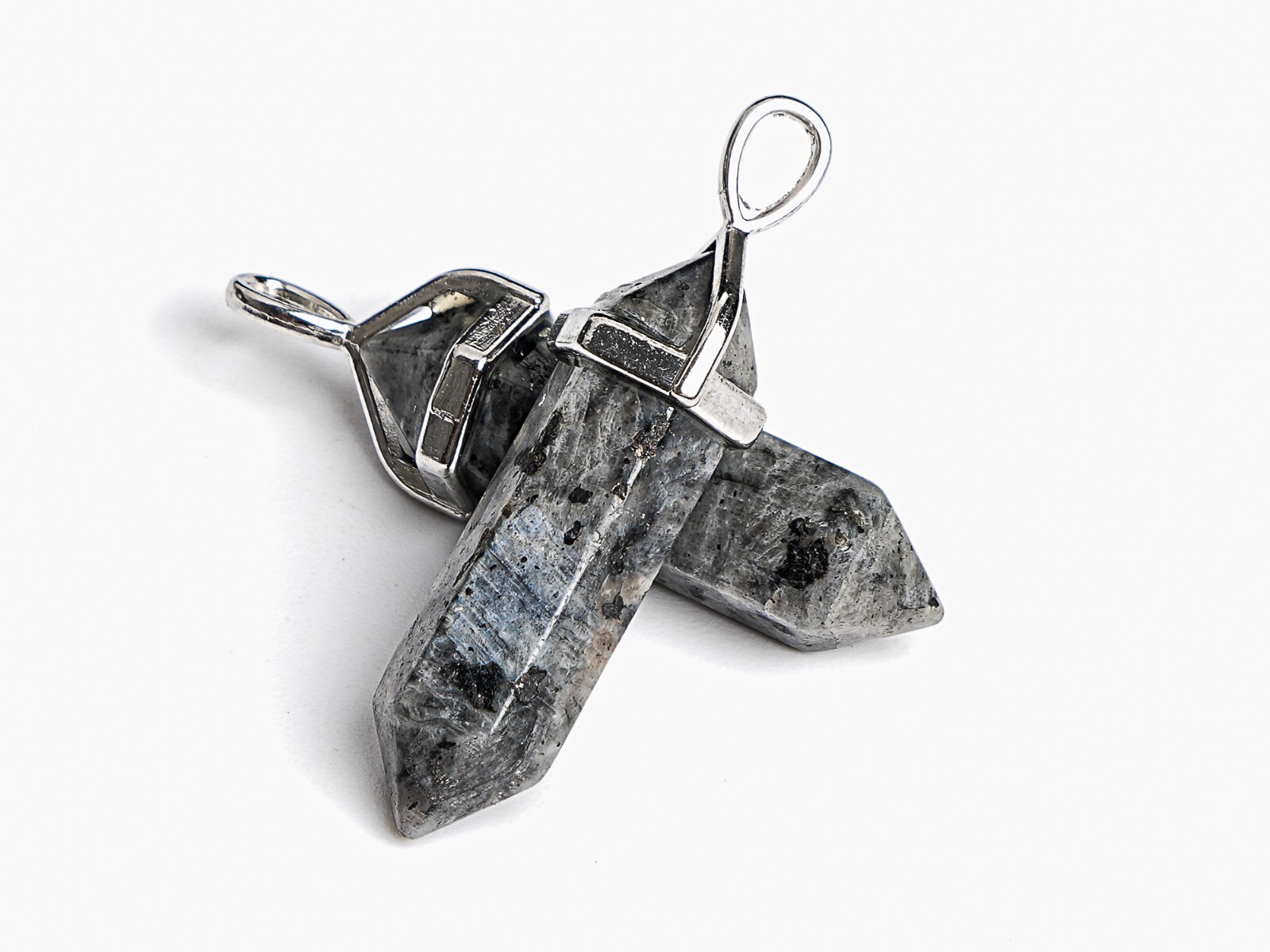 2 Pcs 33x8MM Larvikite Hexagonal Pointed Pendant Grade A Silver Plated Cap