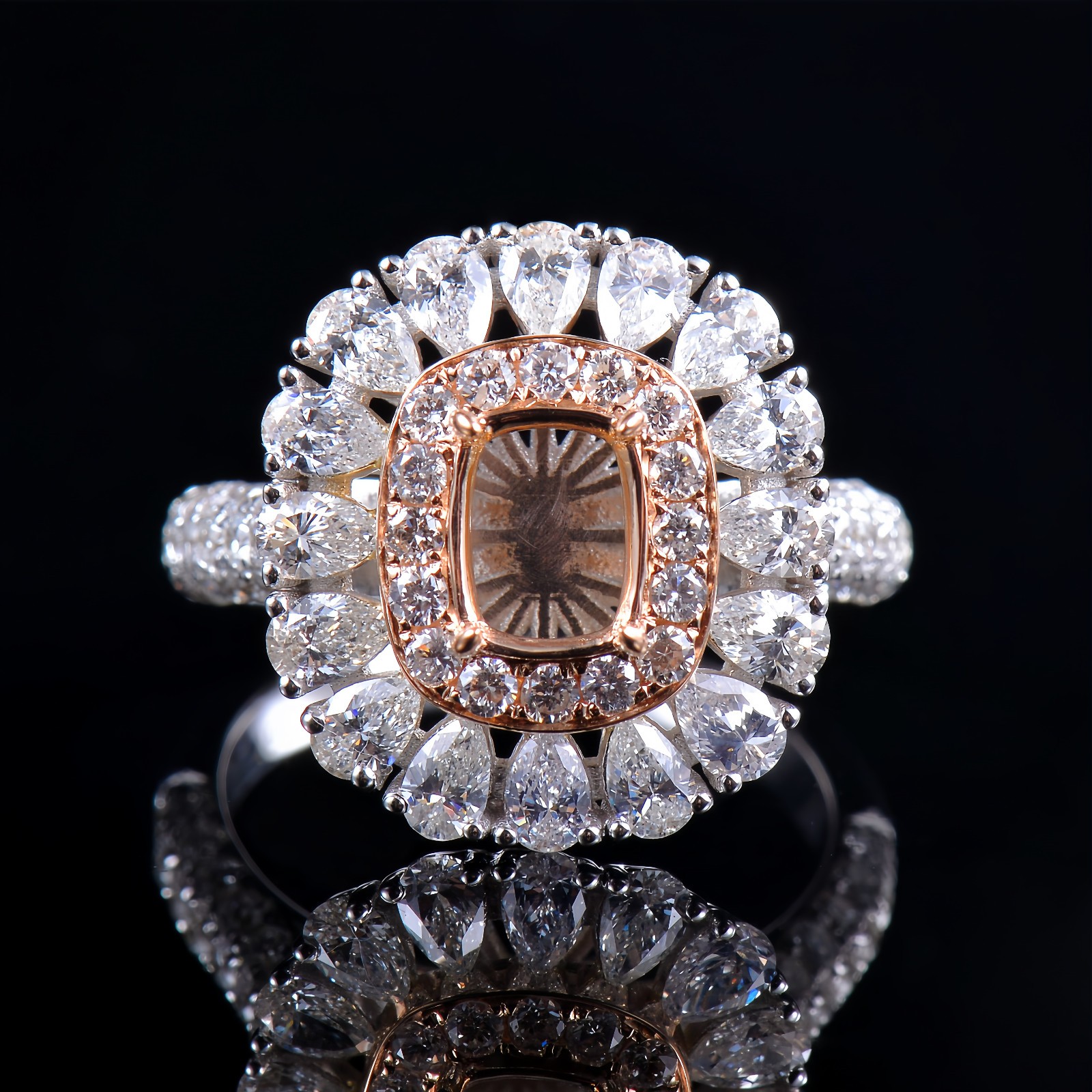Custom Natural Diamond Semi Mount Women Ring Solid 14K 2-Tone Gold Cushion 7×5mm