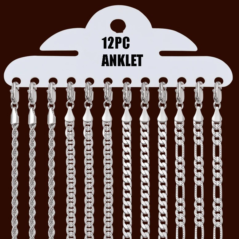 12PC Women 925 Stamped Brass Assorted Anklet 10″ Rope/Mariner/Cuban/Figaro Chain