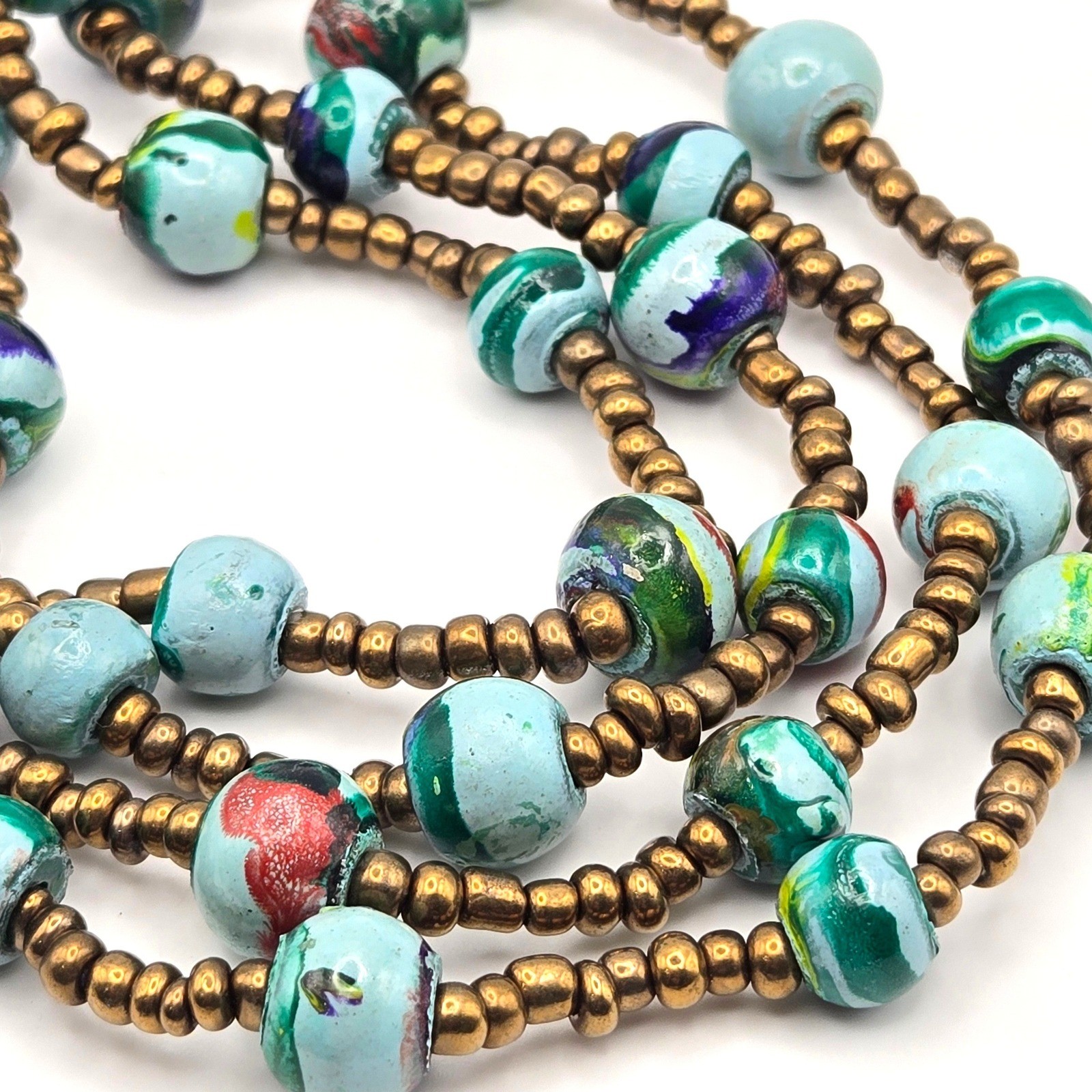 Hand Painted Artisan Bead Necklace Long 40″ Boho Strand Blue Green Bronze Tone