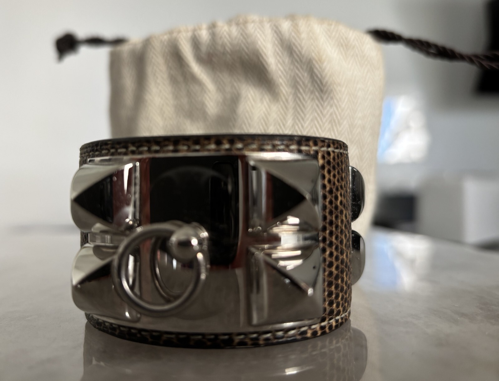Hermès Collier de Chien Lizard Leather Genuine Leather Palladium Bracelet S