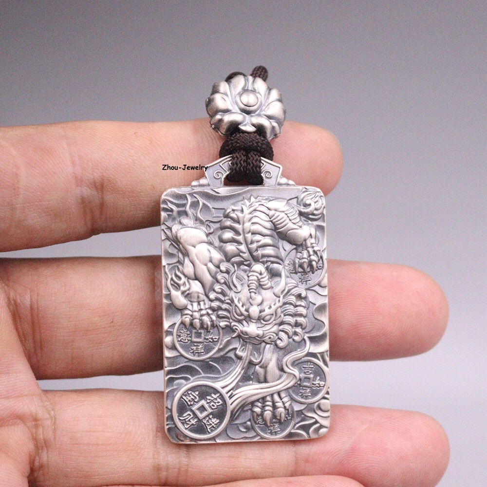 Pure S999 Fine Silver 999 Men Women Lucky Dragon Qilin Oblong Pendant 47*28mm