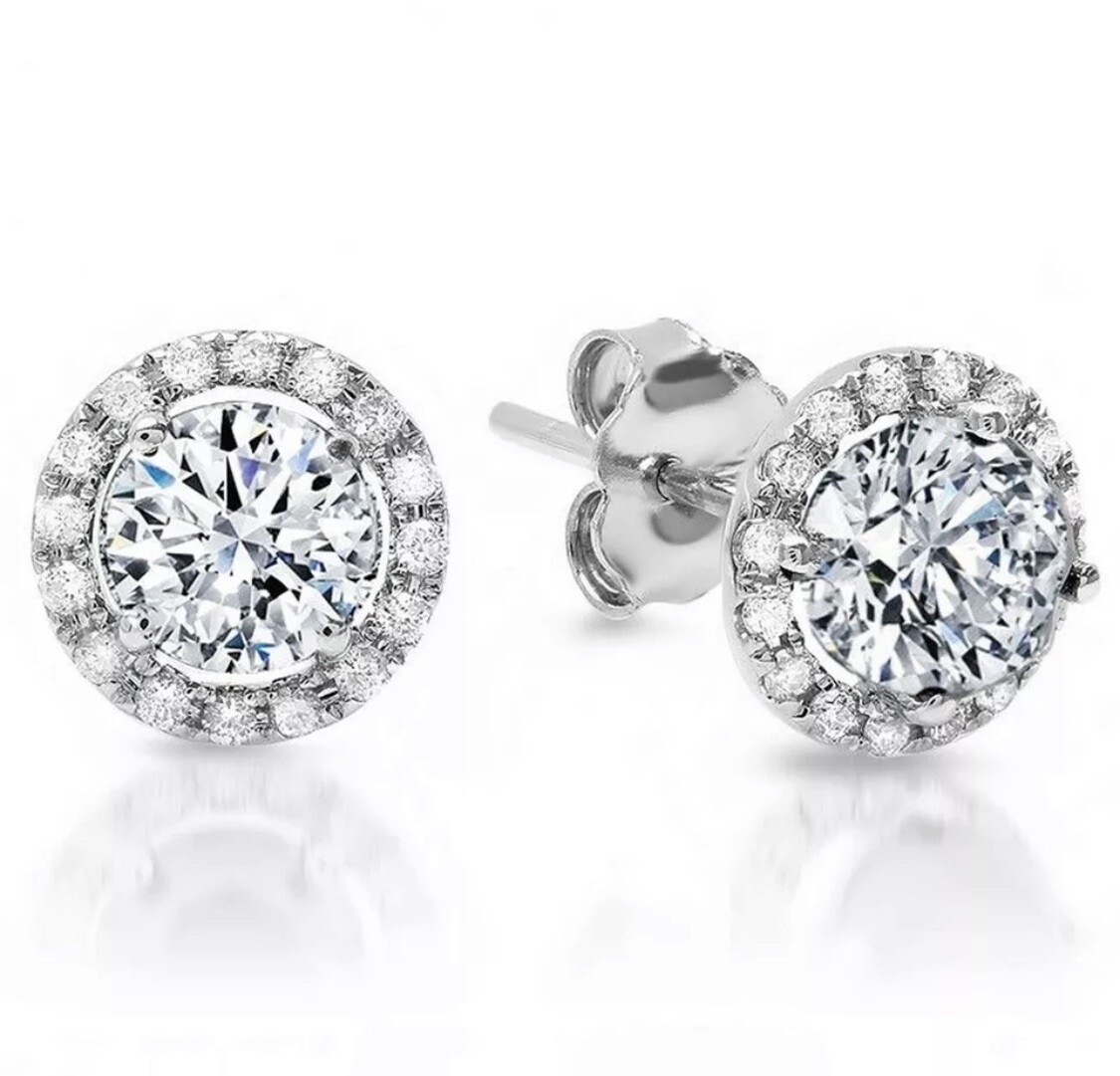 4.00ct Round Bridal Stud Halo Solitaire Earrings 14k White Gold Push Back $495
