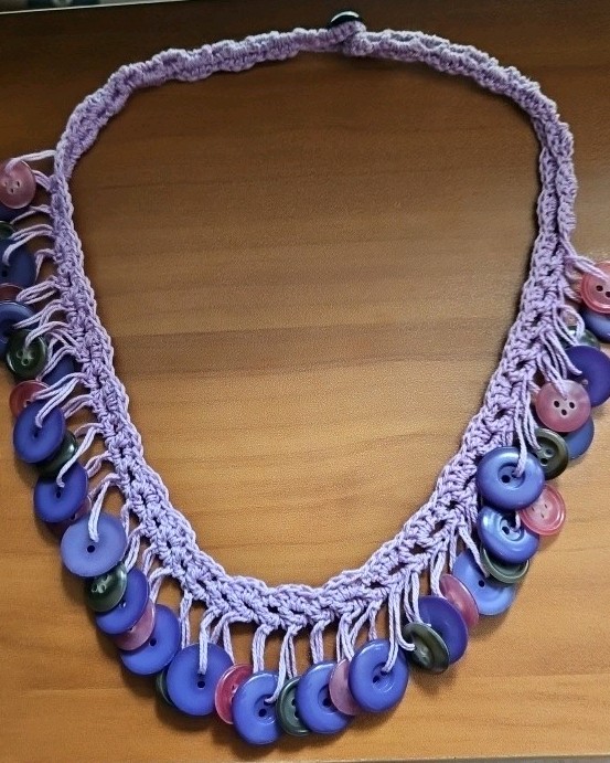 Handcrafted Purple Pink and Brown Button Crochet Necklace