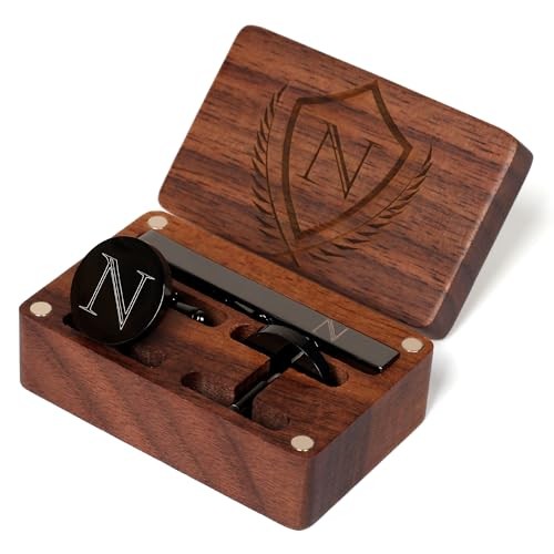Mens Initial Cufflinks and Tie Clip A-Z Alphabet Letter Black Classic-N