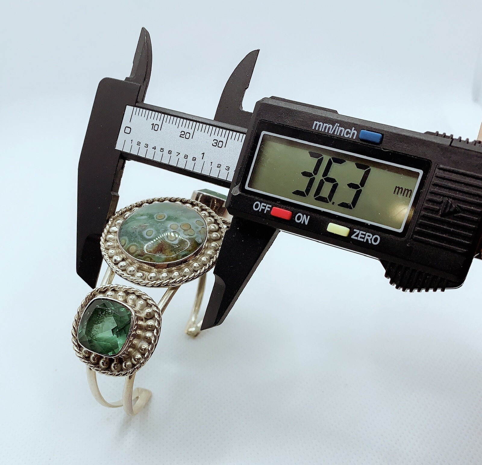 VTG 925 STERLING SILVER OCEAN JASPER & DIAMOND CUT CLASS CUFF BRACELET 43.3g #rl