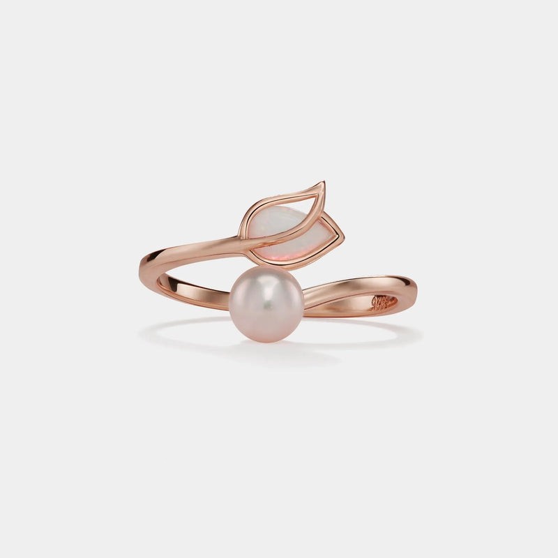 Opal Tulip Flower Pearl Bypass Ring in 925 Sterling Silver