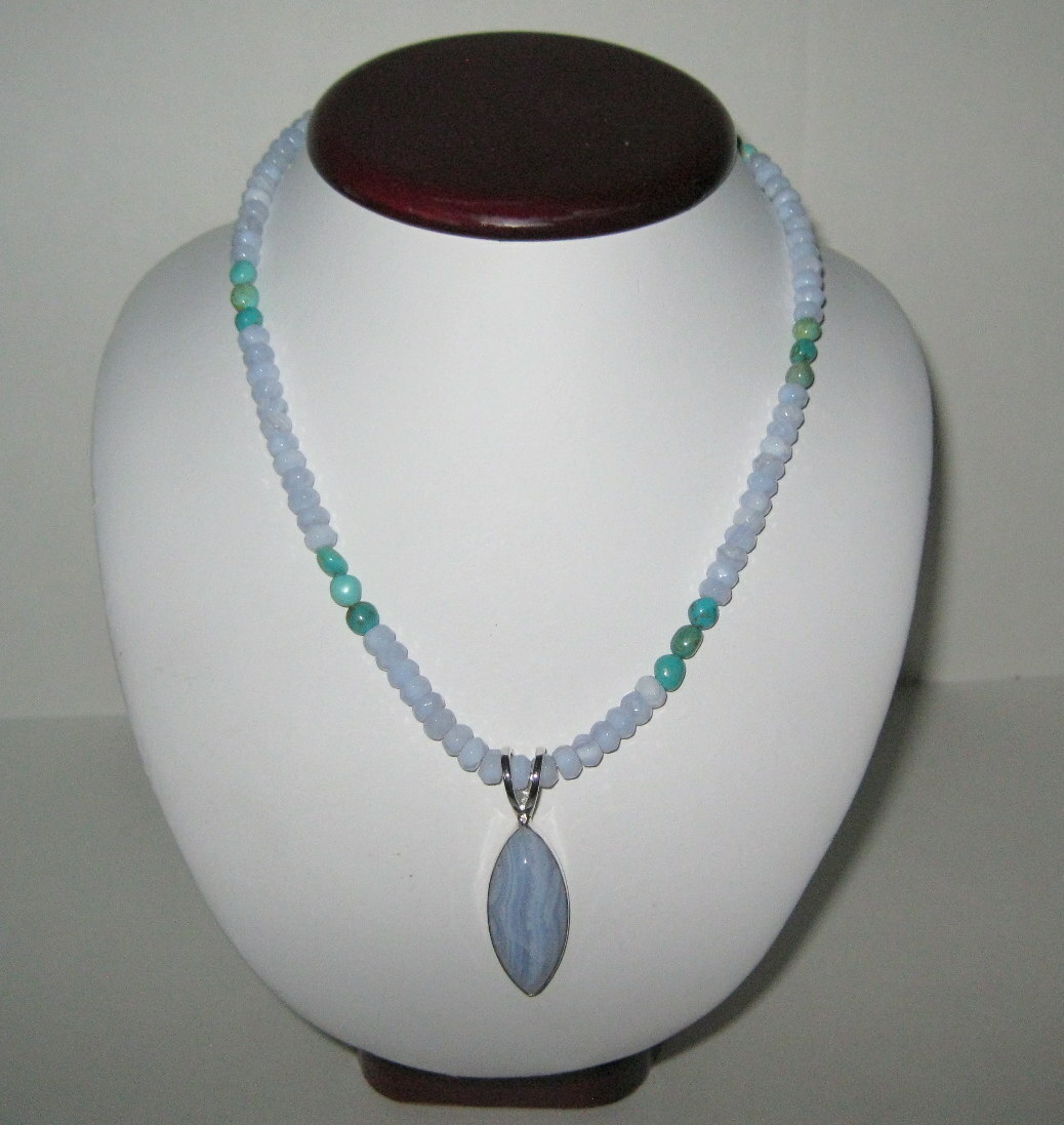 New Jay King Blue Lace Agate Pendant on 18″ Beaded Necklace $189