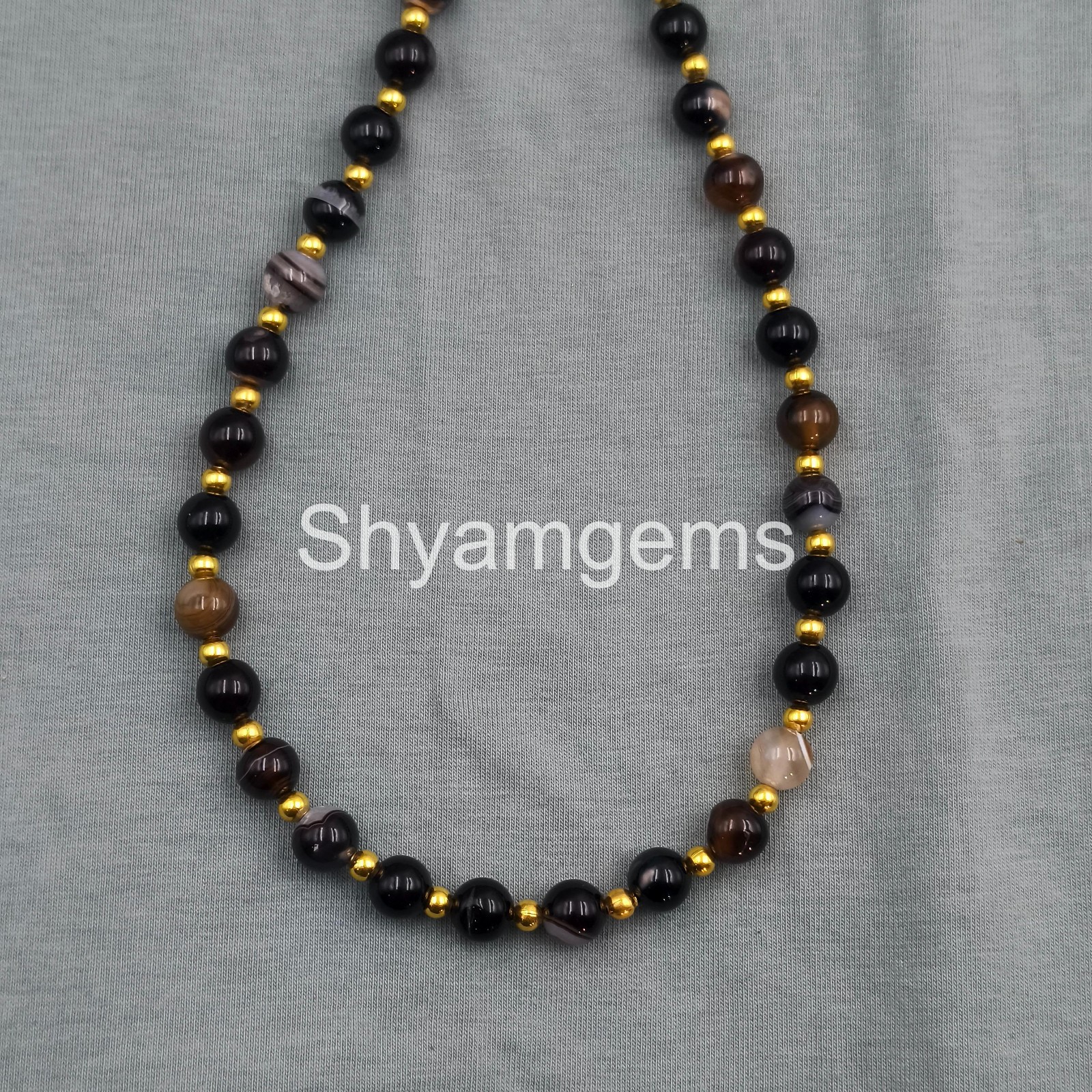 Handmade Black Sulemani Hakik Beaded Necklace, 8MM Round Gemstone, Sterling Sil
