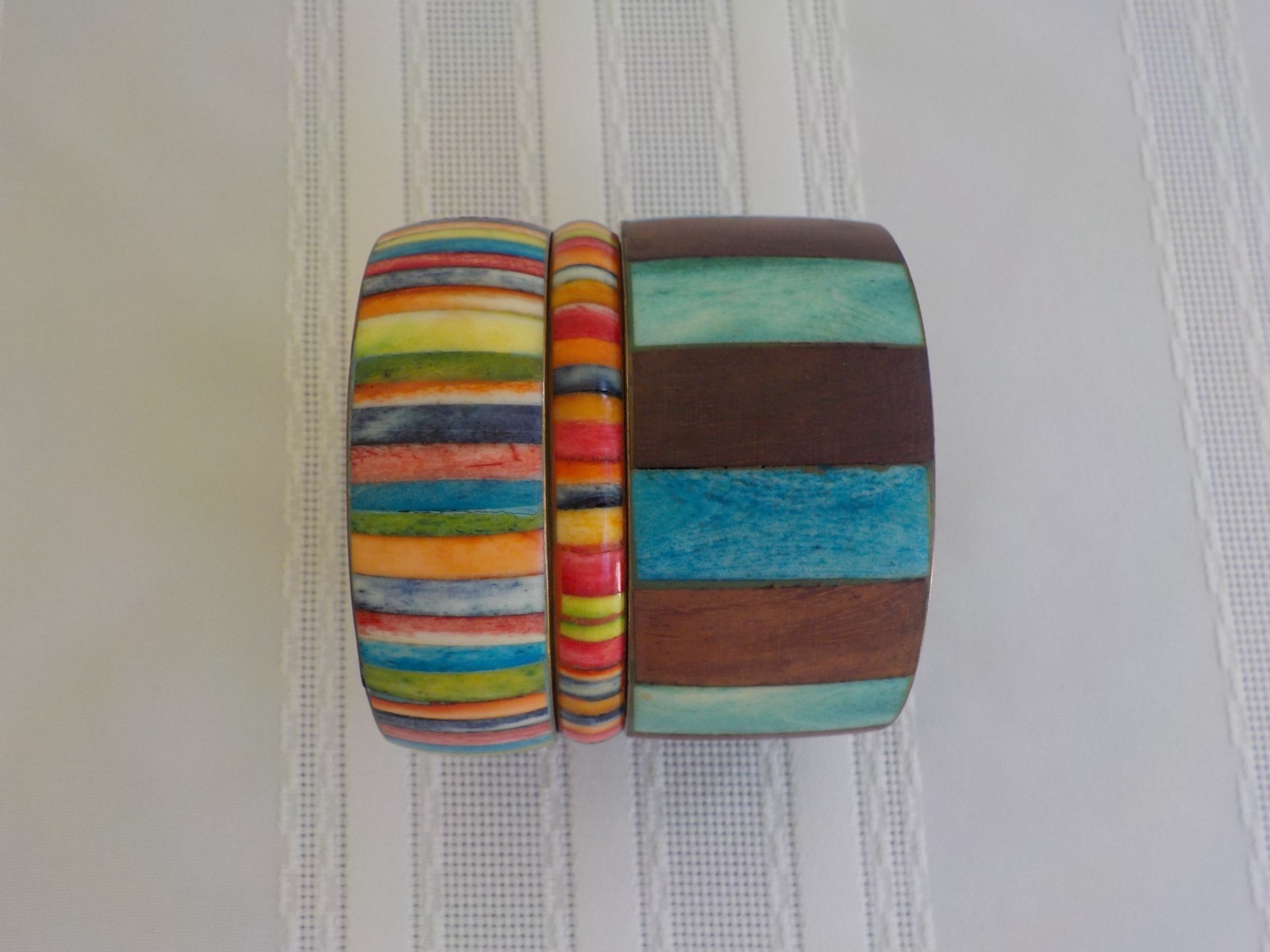Wood & Dyed Unknown Bangle Bracelet Total 3 Metal Striped Multi Color Variety