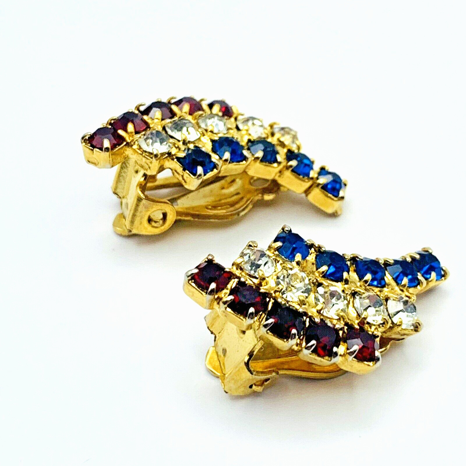 Vintage Patriotic Red White (Clear) Blue Rhinestone Clip On Earrings Gold Tone