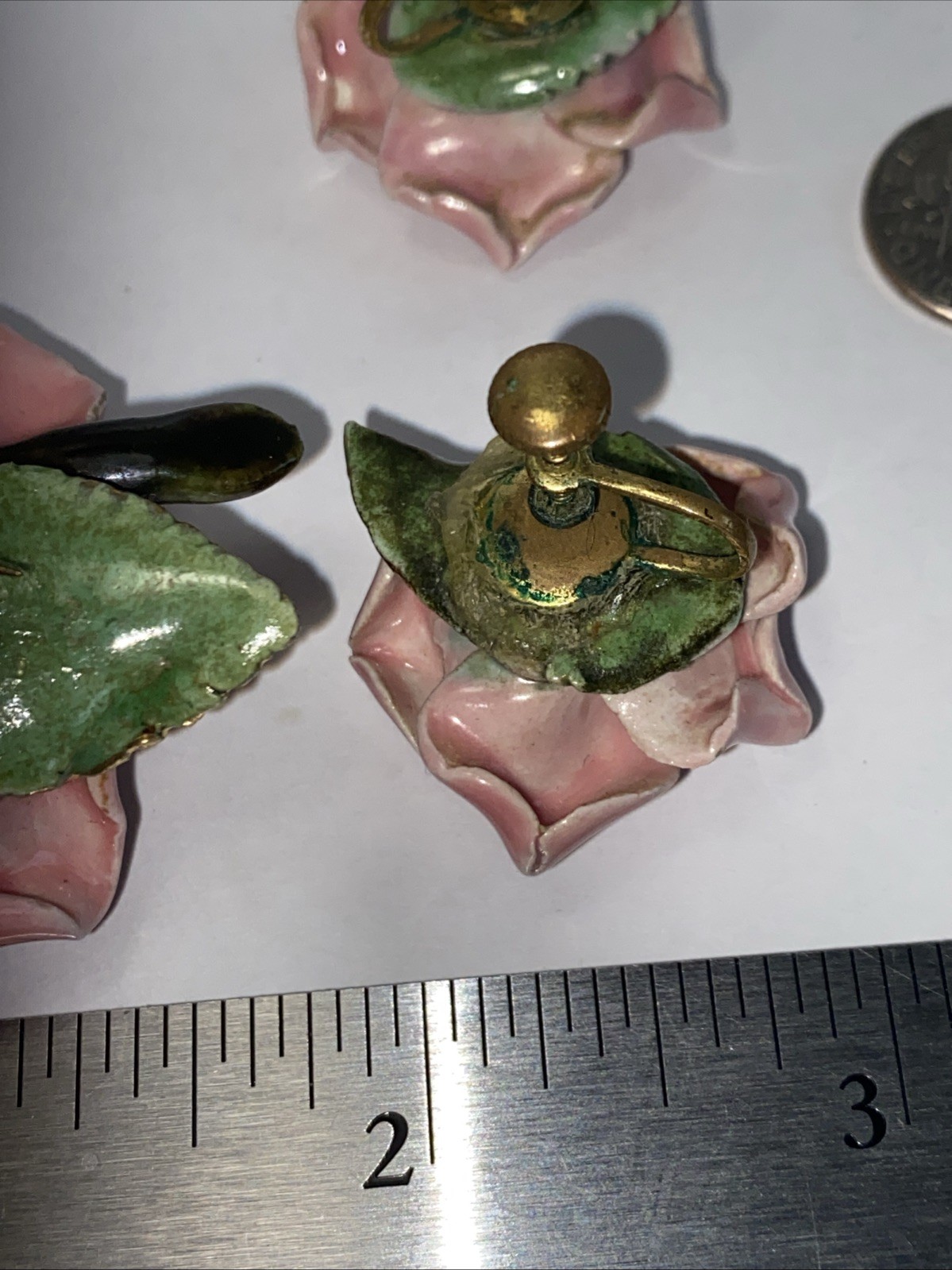 Vintage Ceramic Large Figural Pink Rose Enamel With Matching Earrings Set.