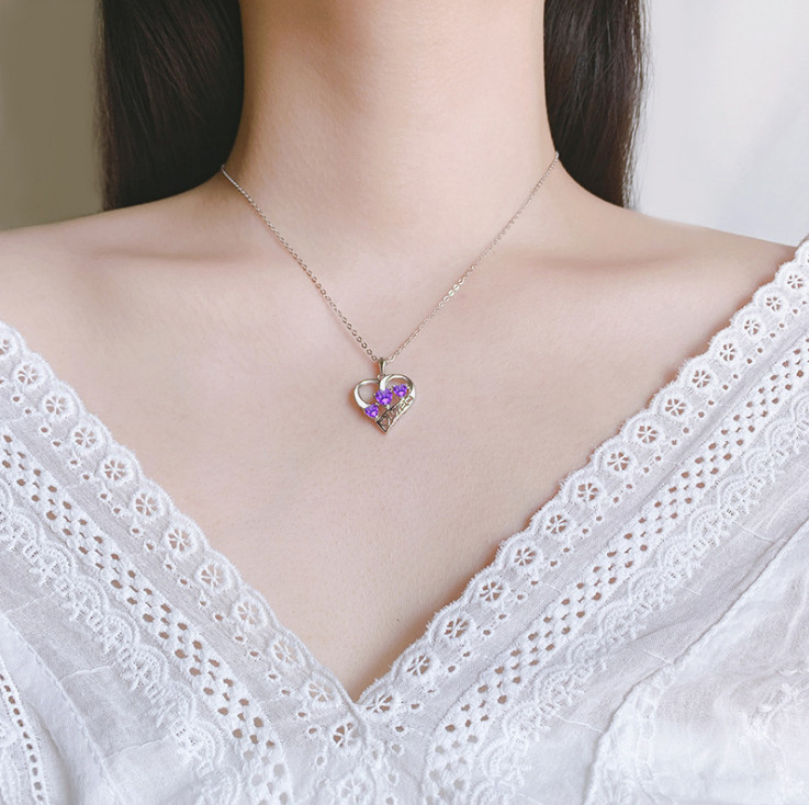 Sterling Silver Heart Love CZ Amethyst Pendant Necklace 18″ Chain Gift Box E7