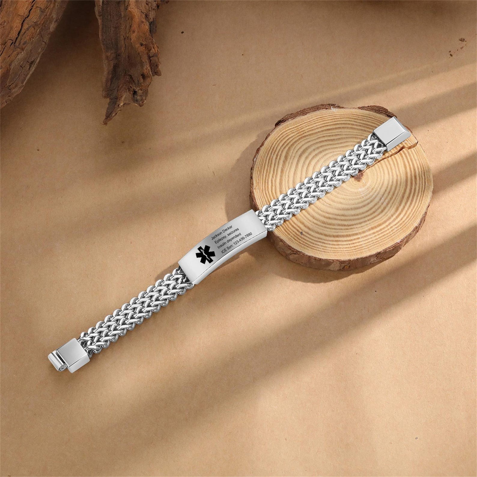 2PCS Free Engraving Medical ID Bracelet Stainless Steel Emergency Wristband
