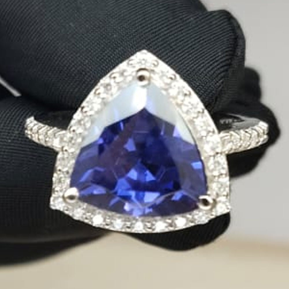 6.80Crt Trillion Cut Natural Tanzanite & Diamond 100% 14k SOLID White Gold Ring