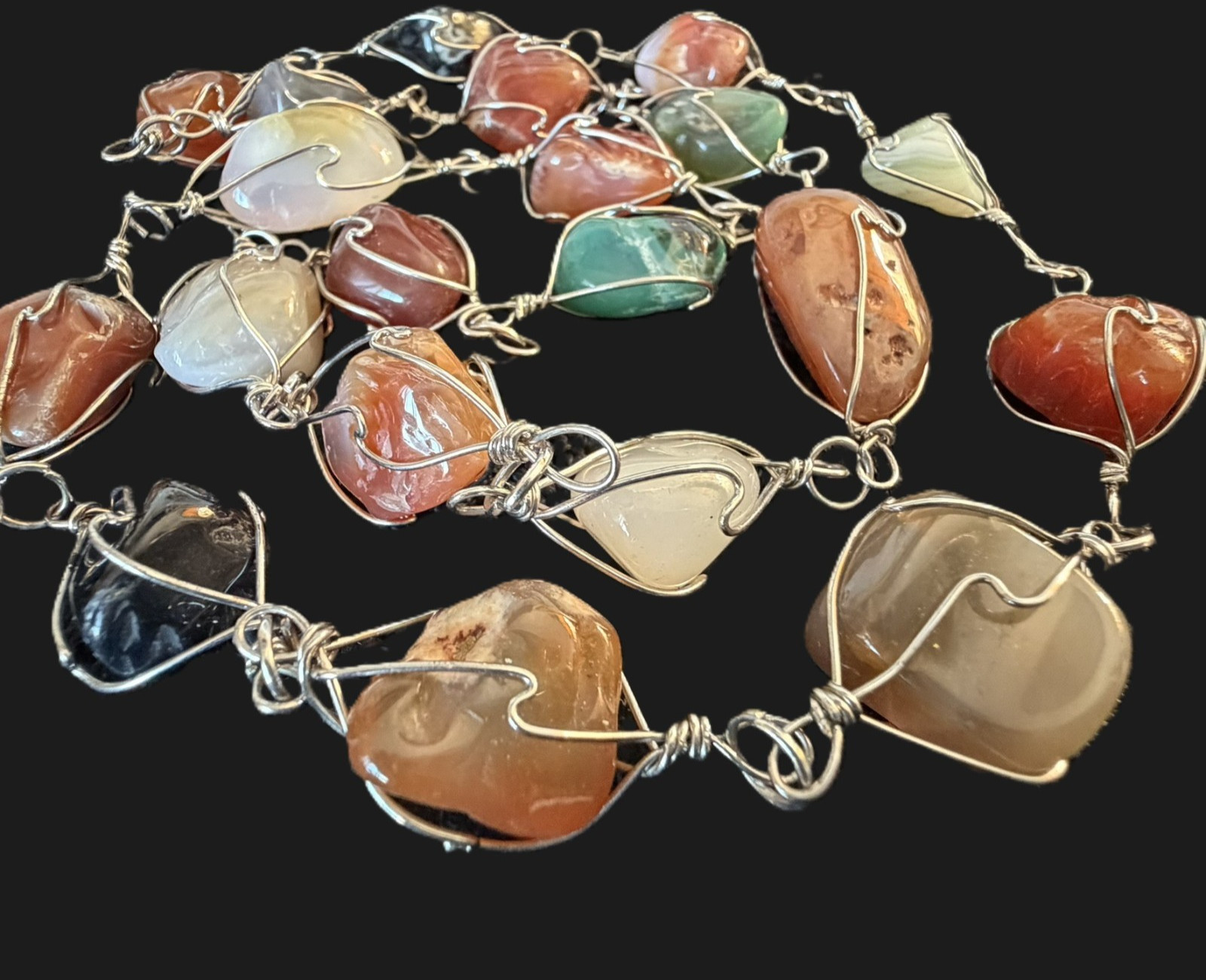 Artisan Wire Wrapped Natural Gemstone Necklace 34″ Endless Large Stone Statement