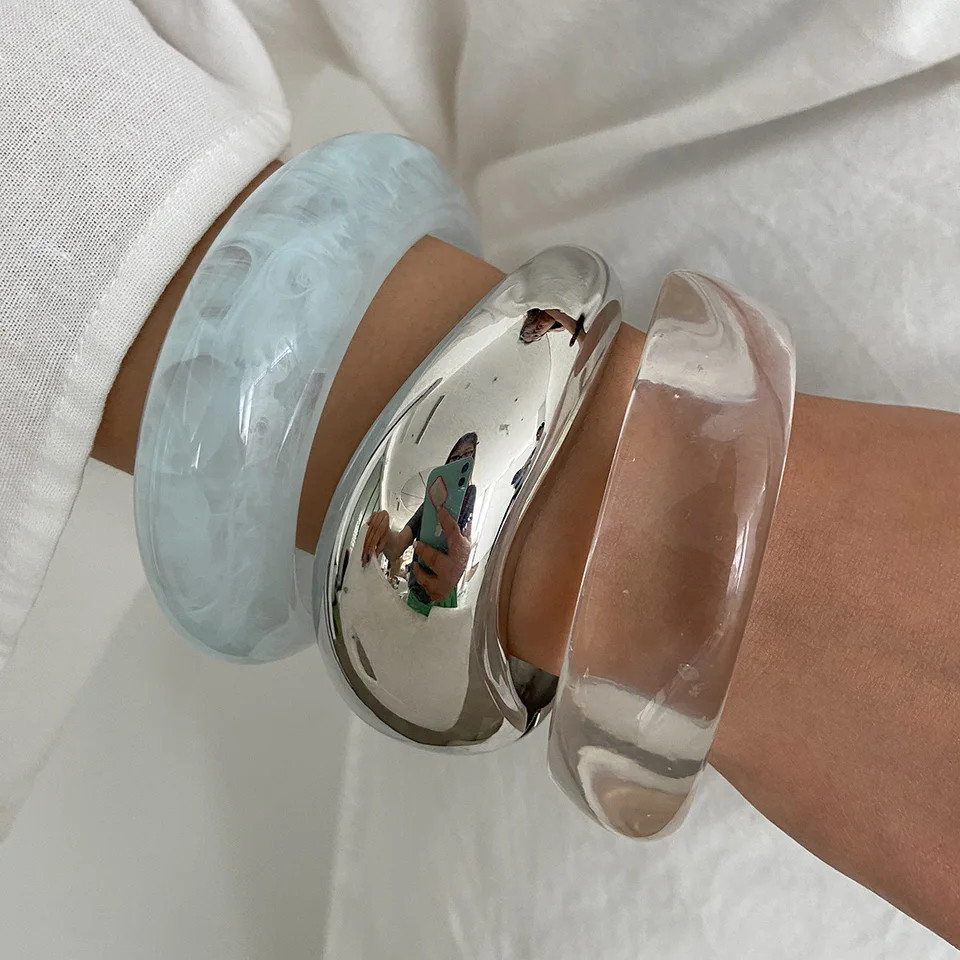 Acrylic Resin Cuff Bangle Women Silver Tone Geometric Round Layered Jewelry