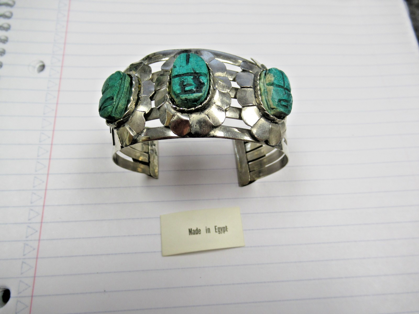 Vint Made Egypt Egyptian Faience 3 Scarab Concho Costume Jewelry Cuff Bracelet