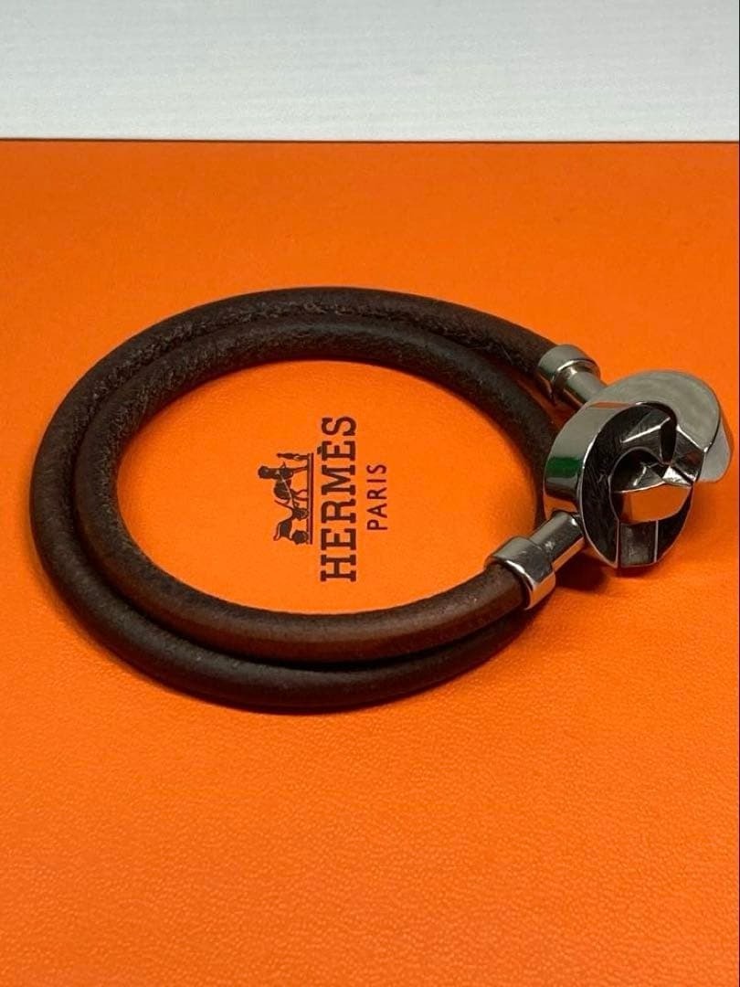 HERMES Lancelot Choker Double Wrap Bracelet Leather Dark Brown Silver w/ Box