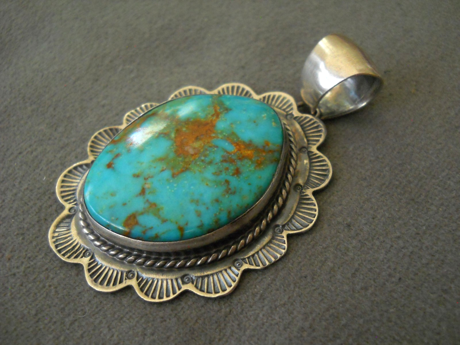 SPENCER Native American Navajo Turquoise Mountain Turquoise Sterl Silver Pendant