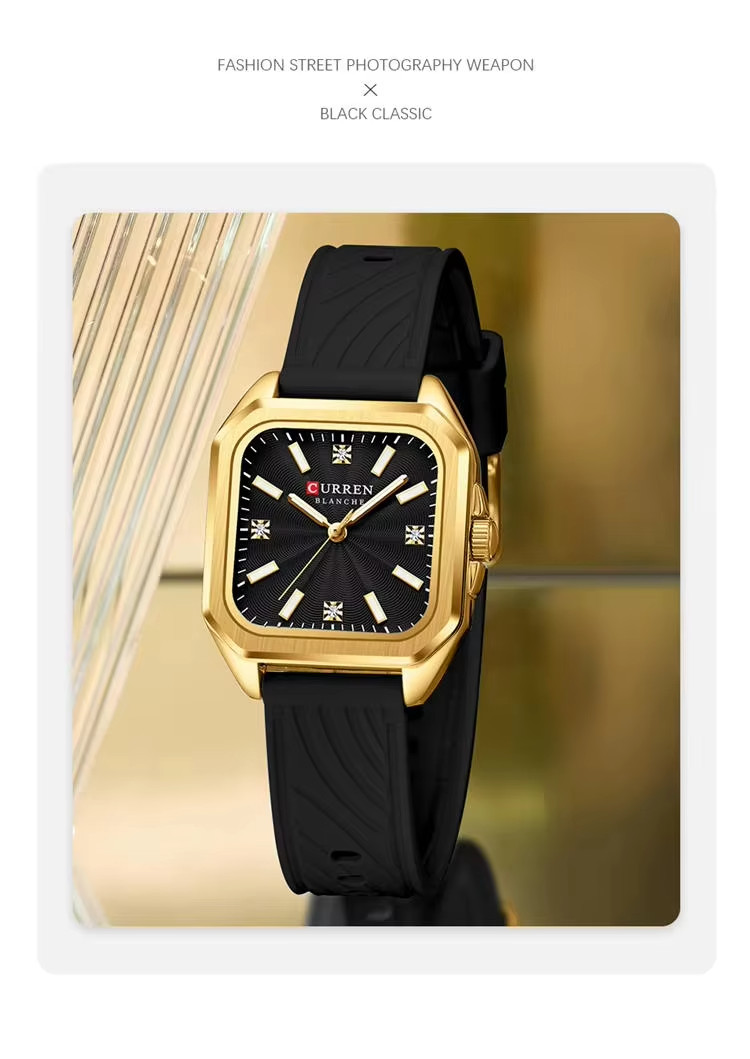 CURREN Womens Black Silicone Watch Gold Square Case Quartz 3ATM