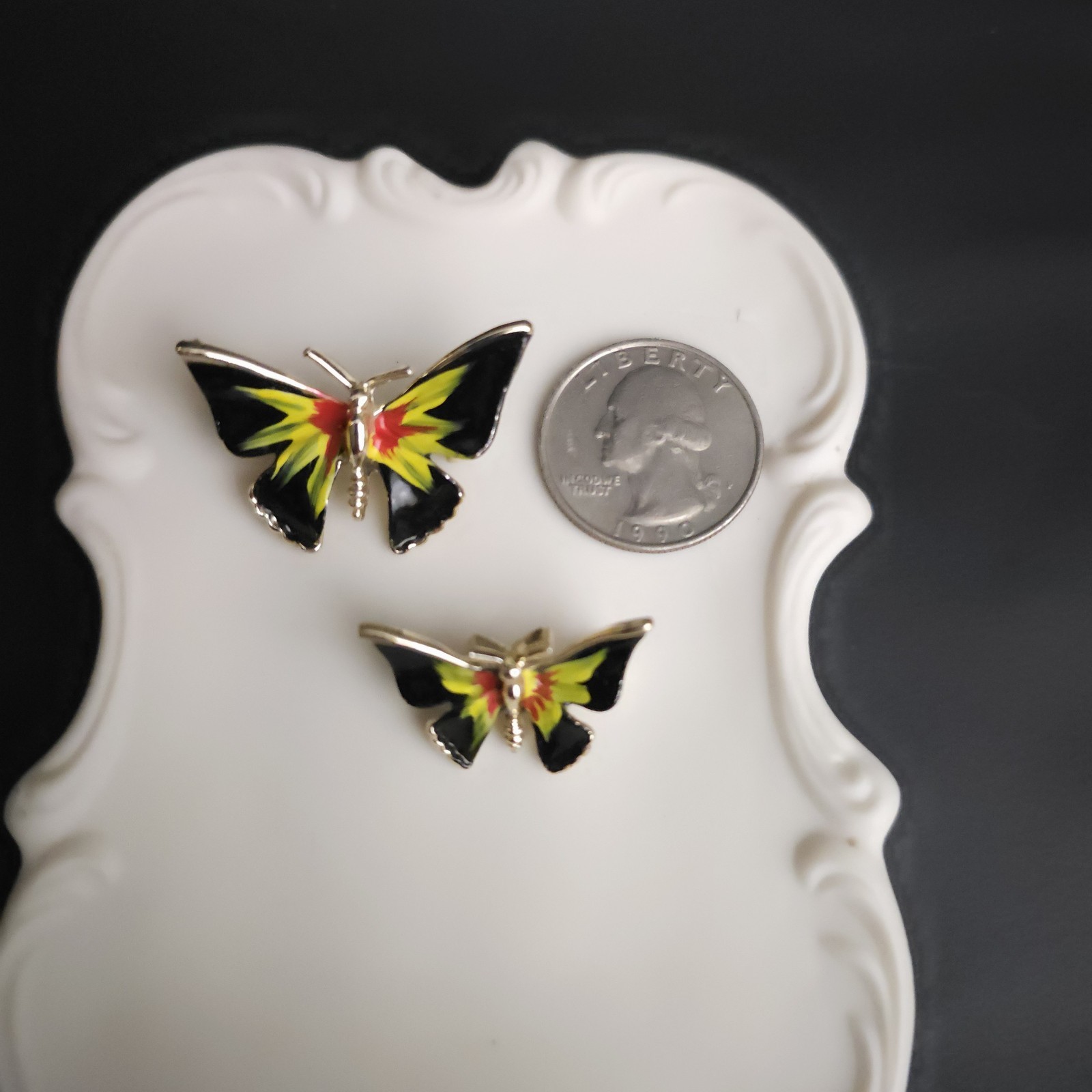 Vintage Black Yellow Red Enamel Butterfly Scatter Pins Brooch Set 2 Whimsy Fairy