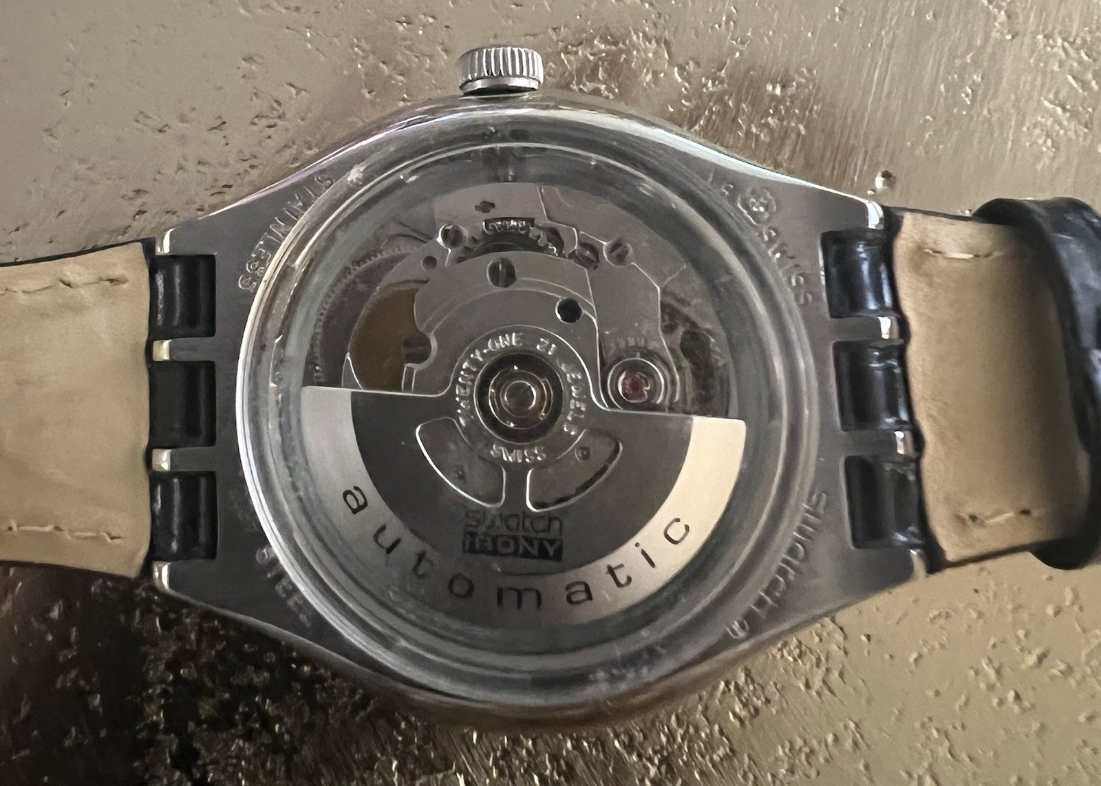 Swatch Irony Automatic 34mm Silver Dial Roman Numerals Date Black Leather