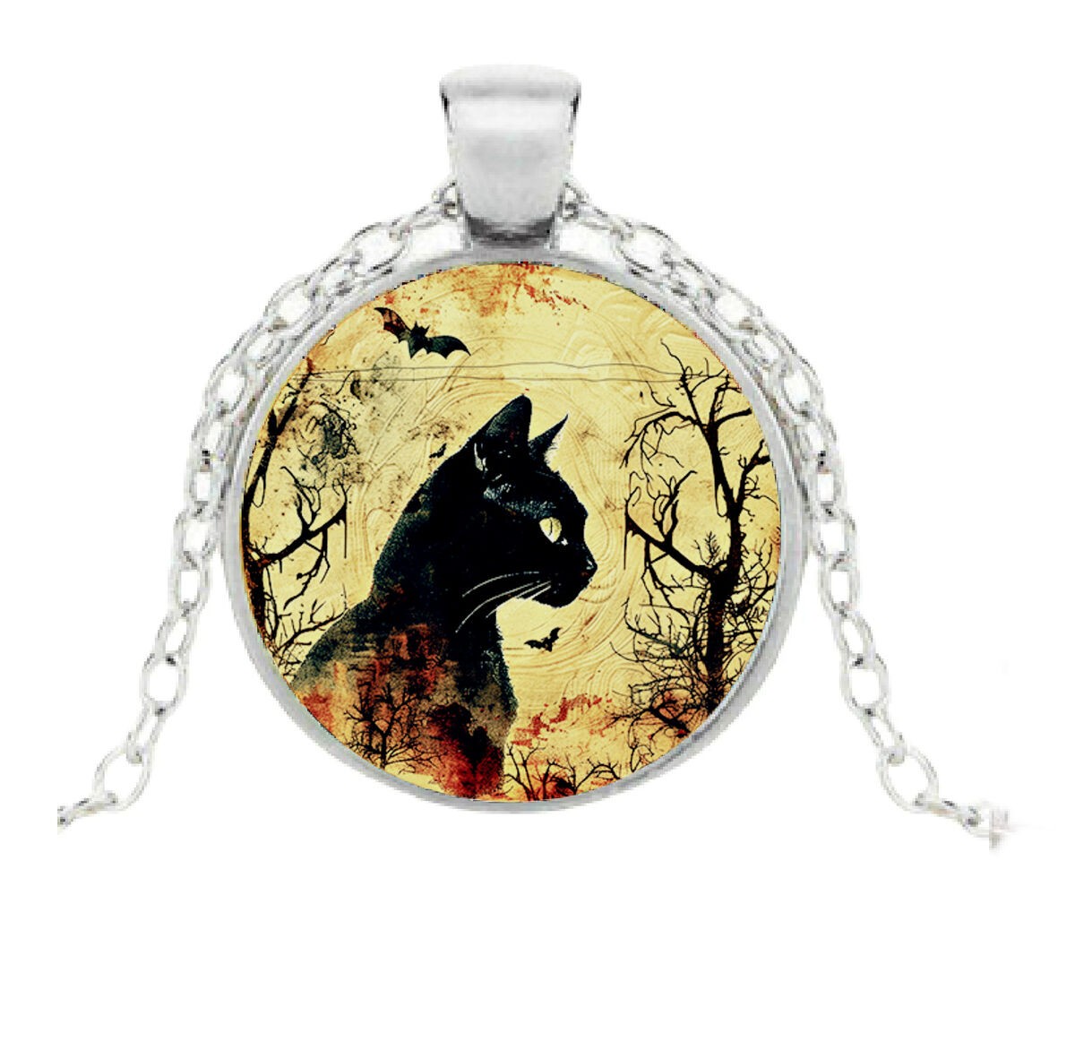 Black Cat Moon Pendant Necklace • Cabochon • Halloween Spooky Jewelry with Box
