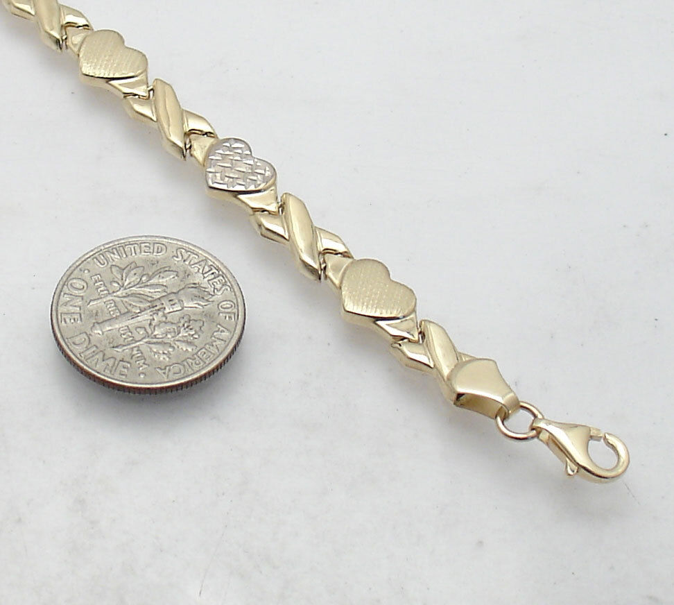 Diamond Cut Hearts Kisses Stampato Bracelet Real 14K Yellow White Two-Tone Gold