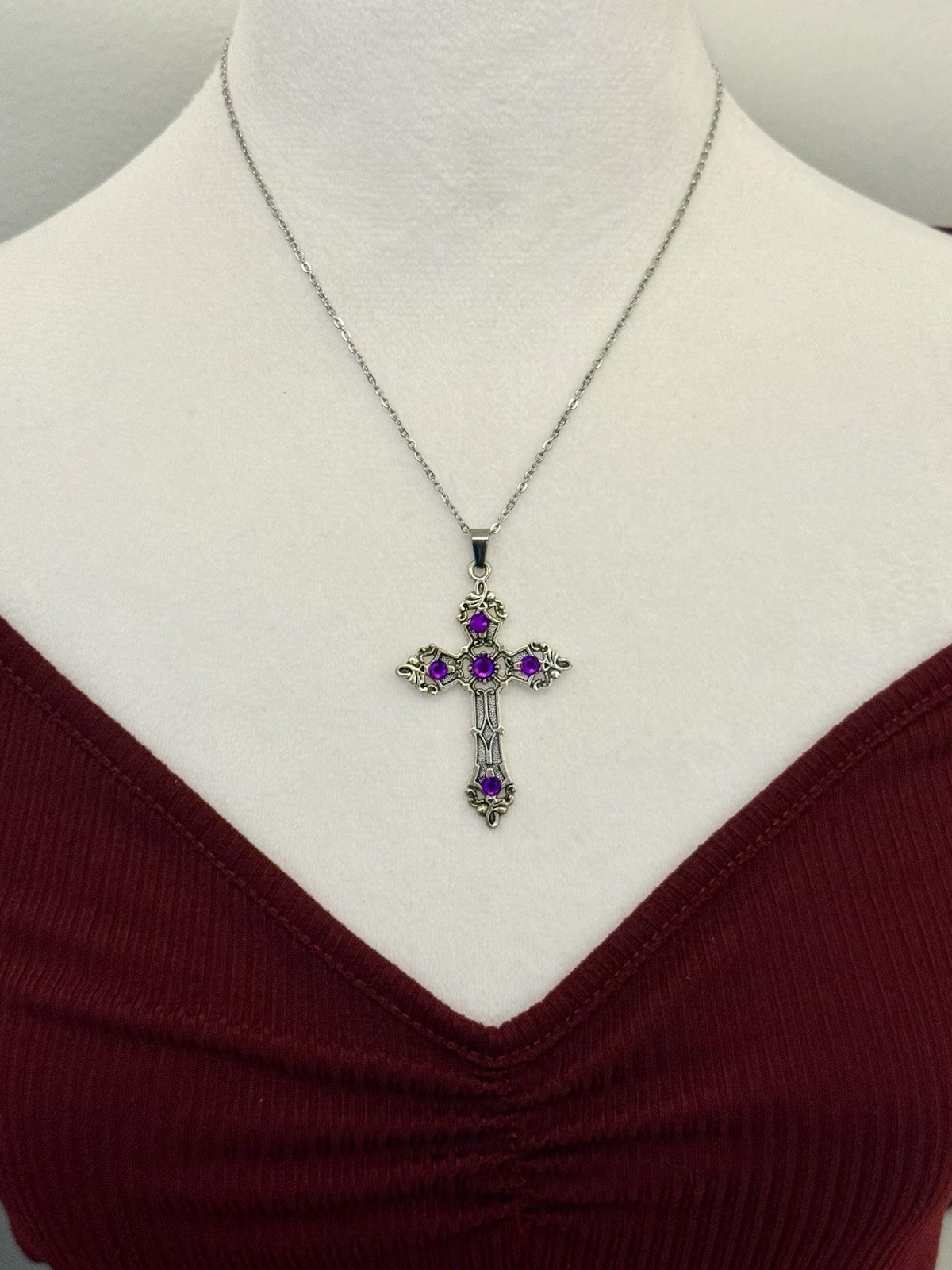 Silver Statement Cross Pendant Necklace Goth Punk Religious Victorian Vintage