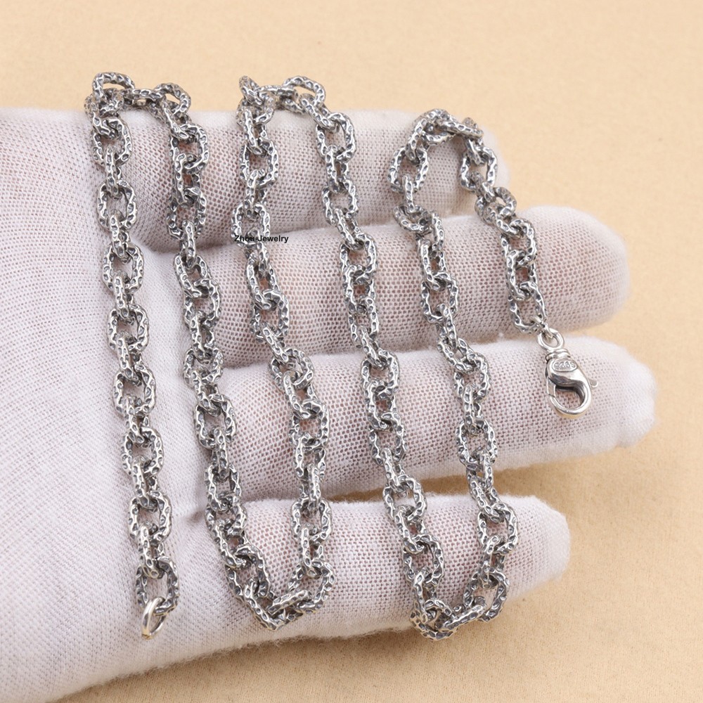 Real 925 Sterling Silver 6.5mm Hammered Cable Chain Necklace 21.6″L Jewelry Gift