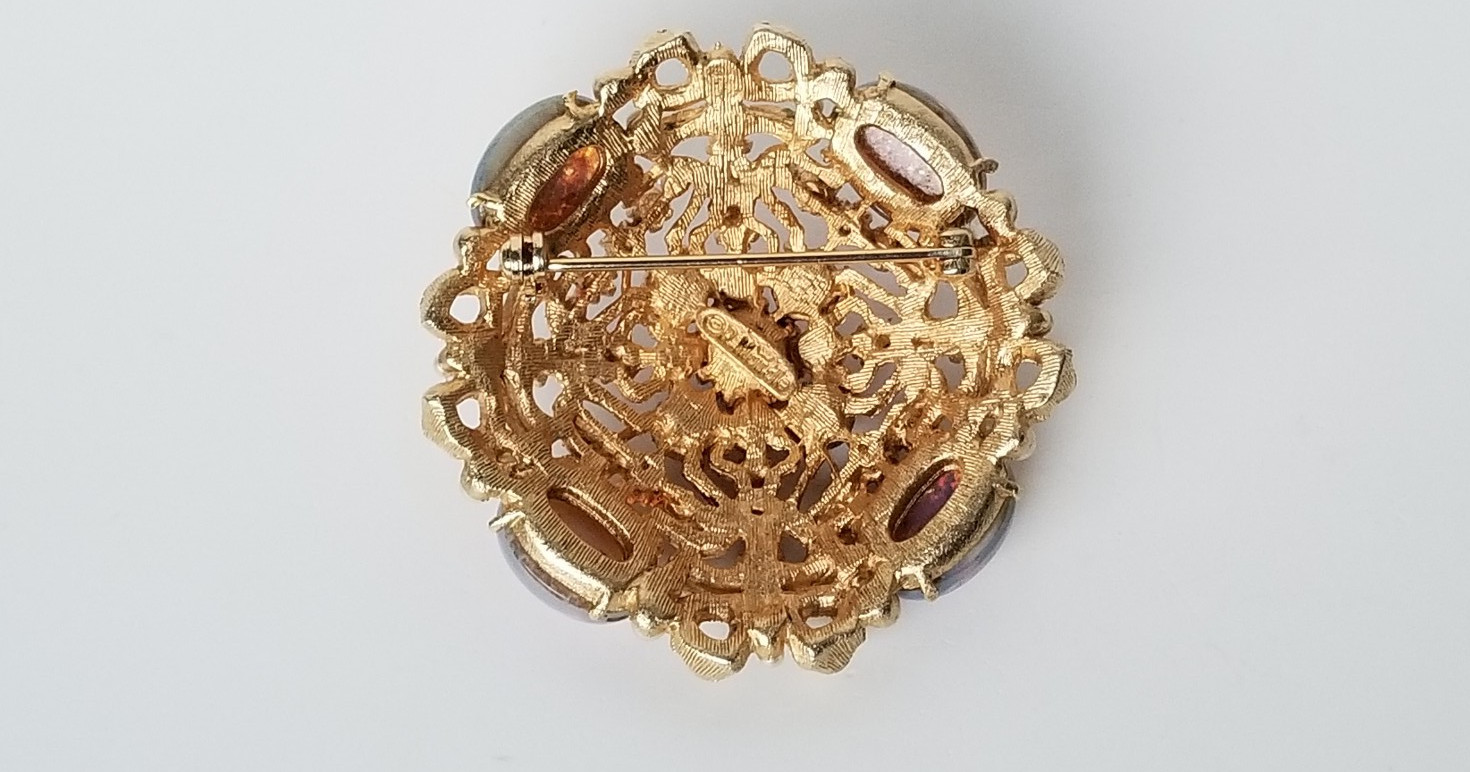 Vintage R. MANDLE Faux Opal, Pearl & Turquoise Rhinestone Gold Tone Pin Brooch