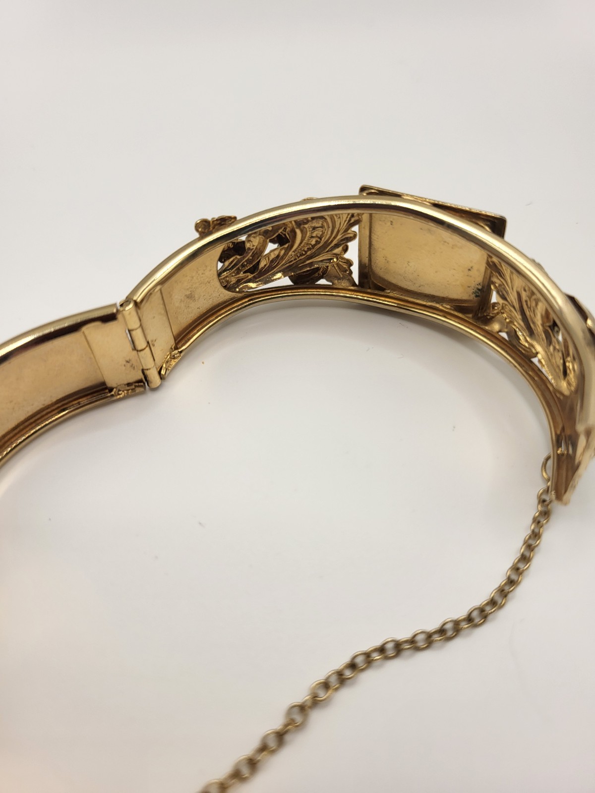 Ornate Hinged Cuff Bangle Bracelet Hematite Center Square Victorian Rev Goldtone