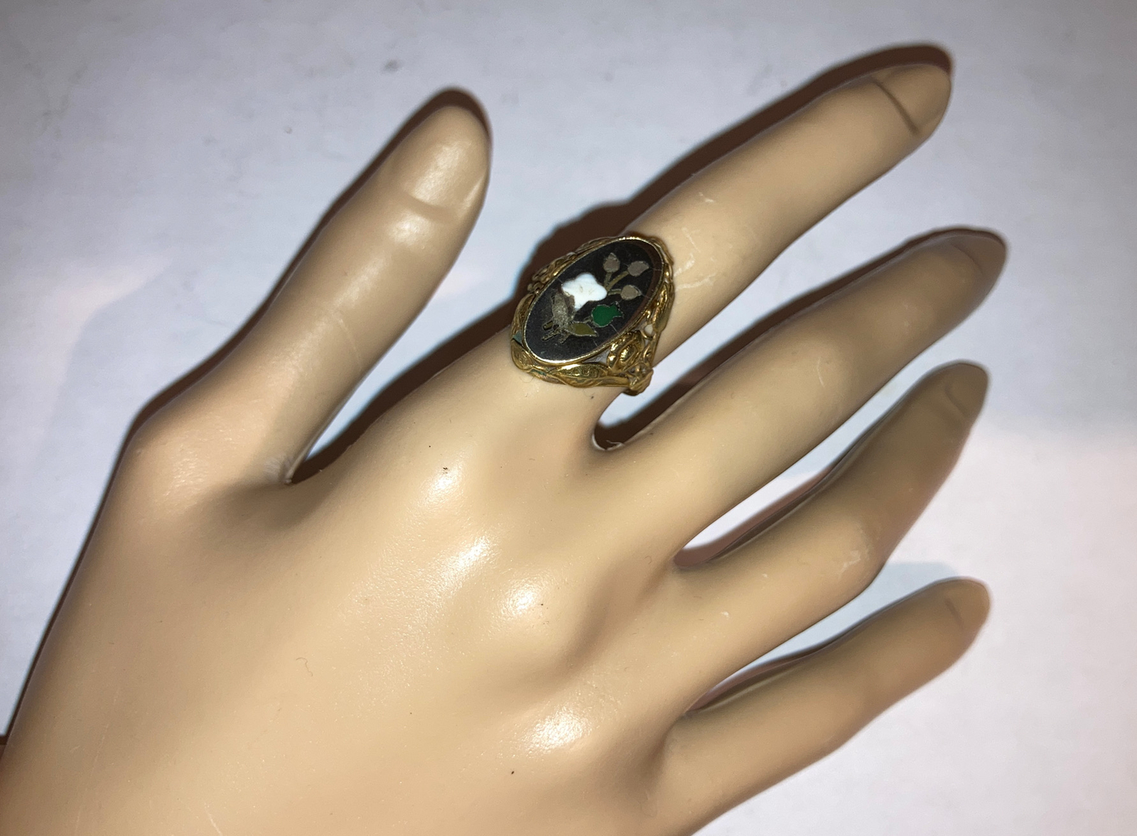 Antique Victorian 14k Gold Pietra Dura Flower Ring Size 6