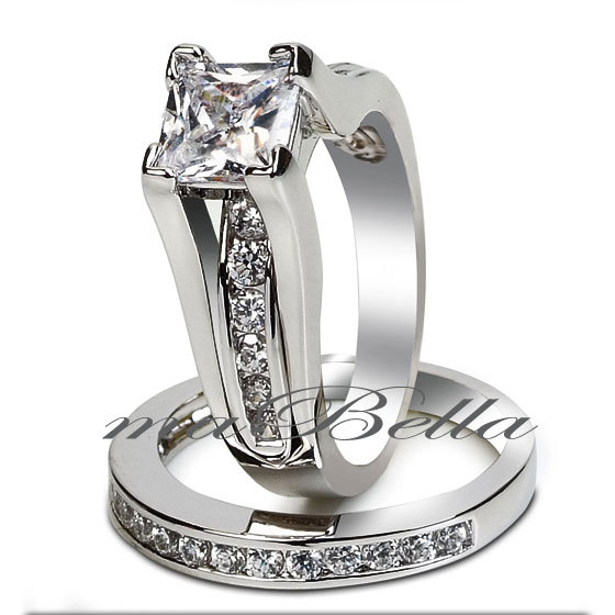 His Hers 3 Pcs Stainless Steel CZ Wedding Engagement Matching Ring Band Set