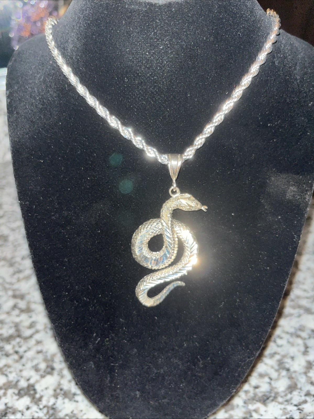 Large 925 Silver Diamond Cut Snake Pendant