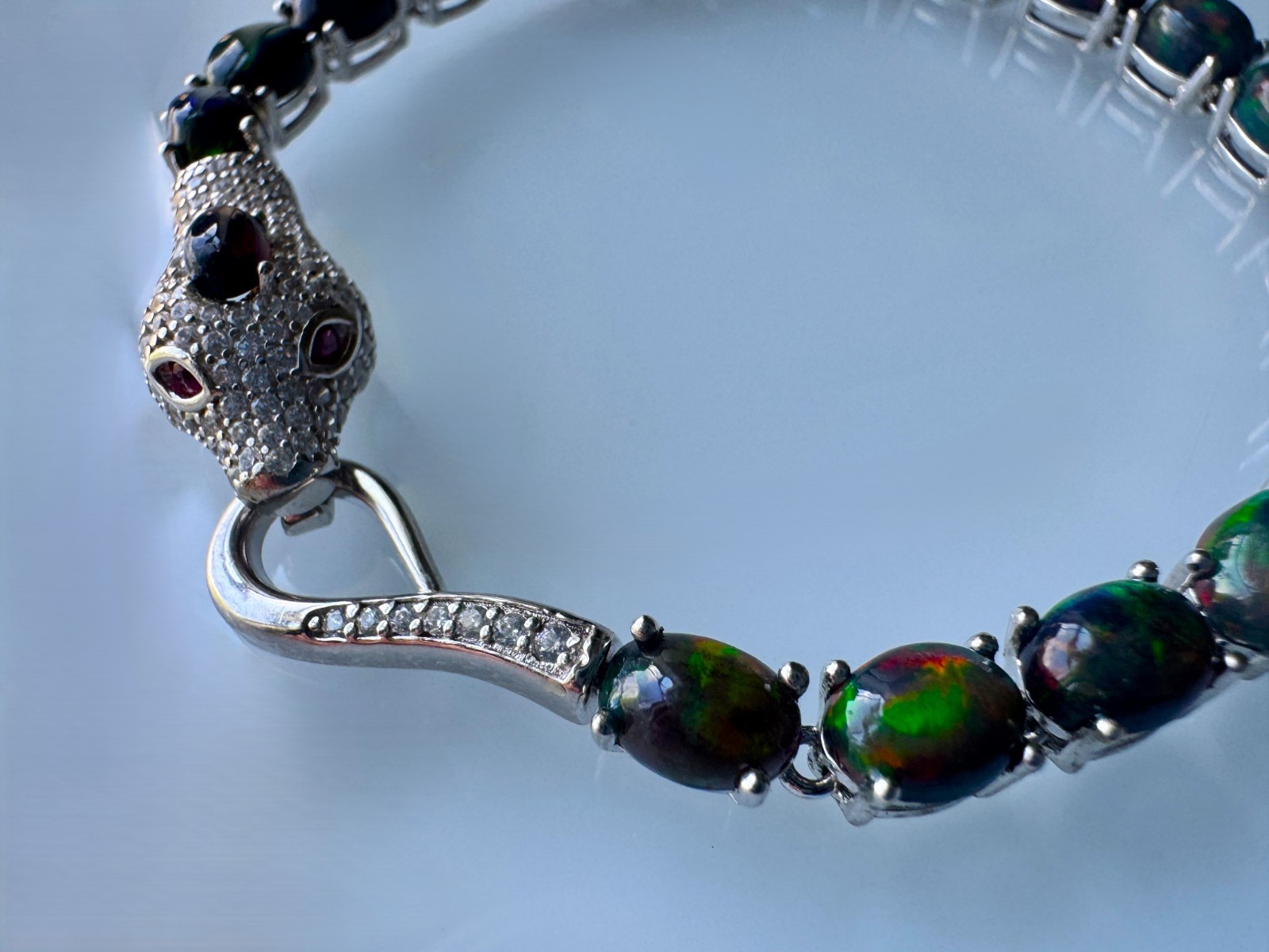 Ethiopian 7x5mm Black Opal Ruby CZ 925 Sterling Silver Cobra Push-Lock Bracelet