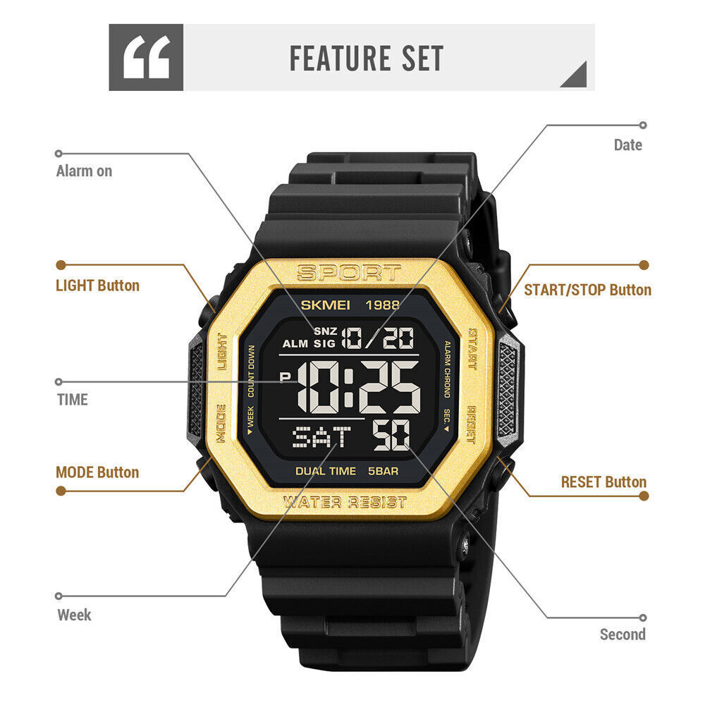 SKMEI Men Watch Rectangle Sport Watches Students Boy LED Date Digital Wristwatch