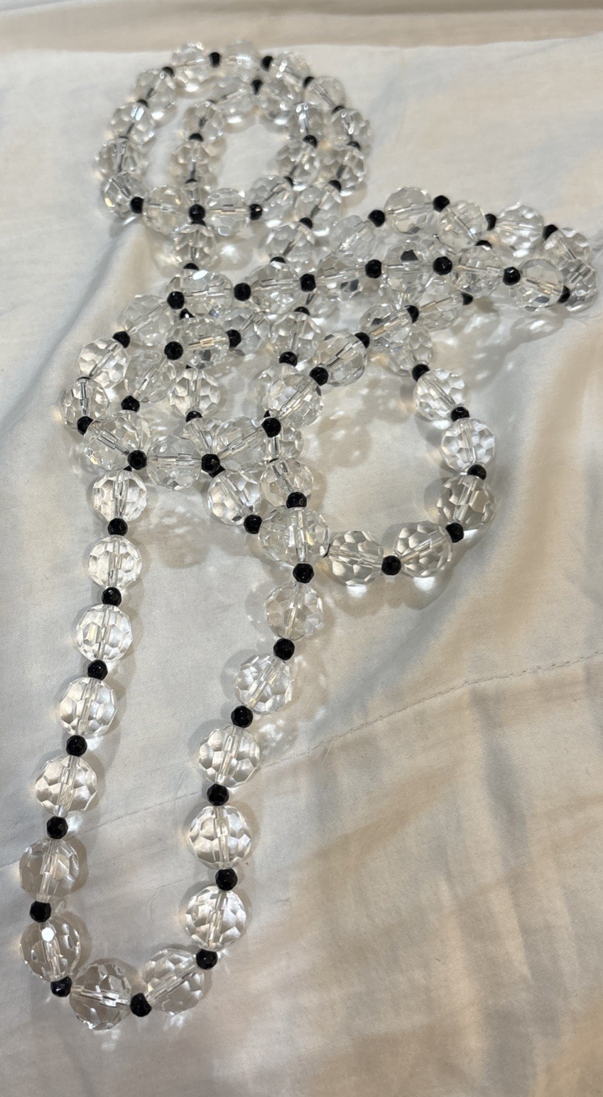 Breathtaking Clear Black Crystal Bead Long Necklace Quality Unsigned 52”!!