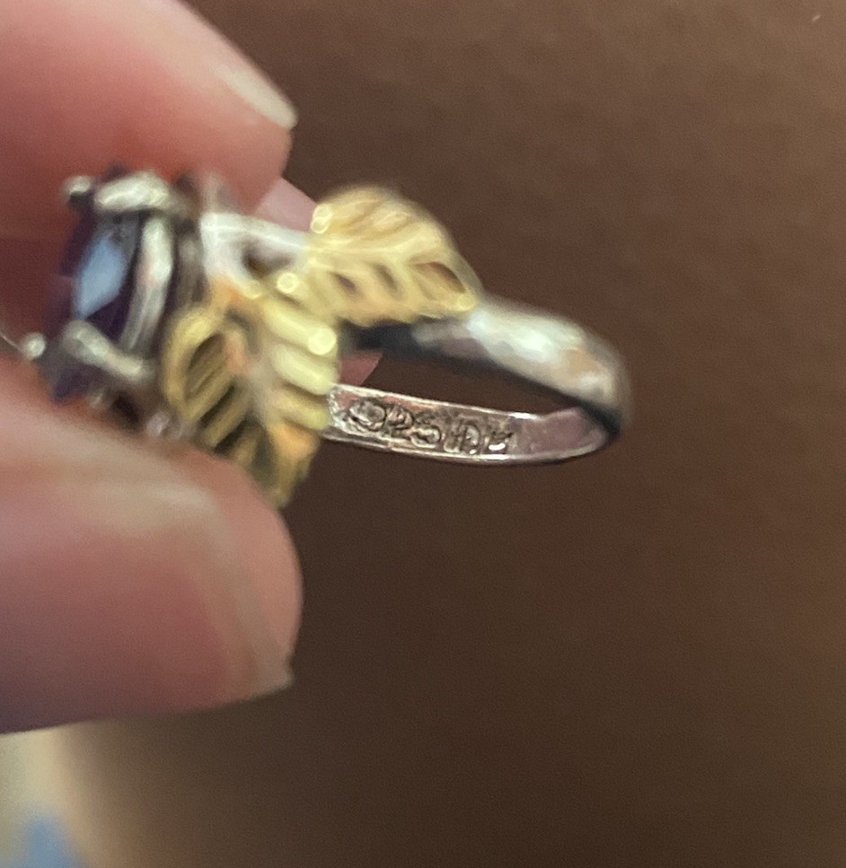 Black Hills Gold Stirling Silver and Gold, Amethyst stone, Leaf Design Ring