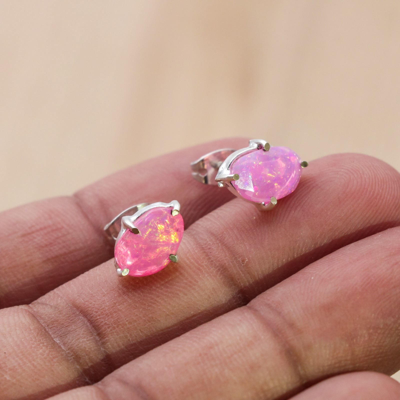 100% Original Fire Opal Oval Gemstone 925 Sterling Silver Women Stud Earrings
