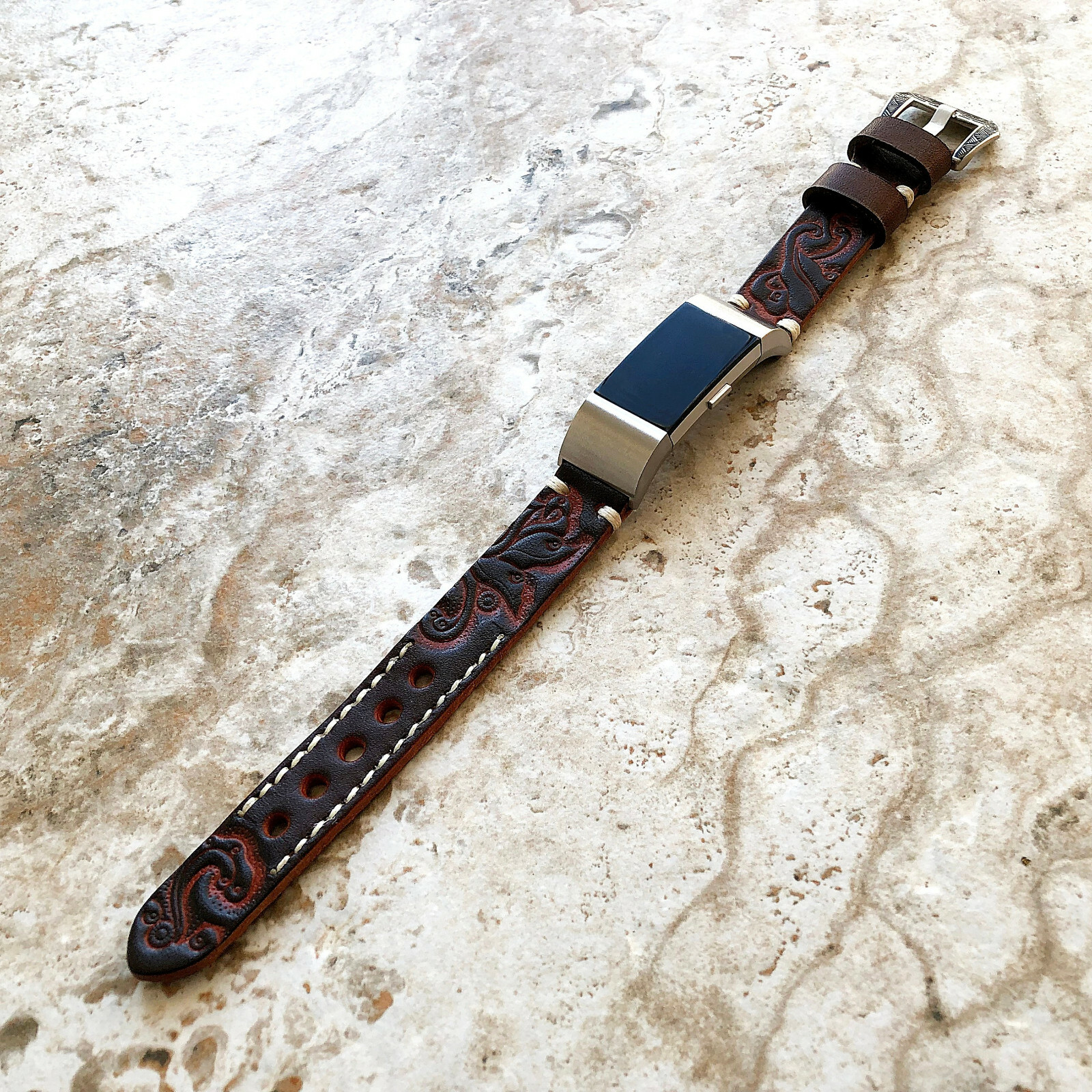 Dark Brown Embossed Handmade Leather Watch Strap Band for Fitbit Charge 6 5 4